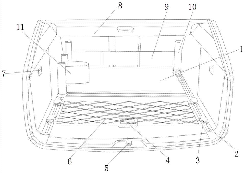 一種汽車後備箱物品固定裝置,其特徵在於:其結構包括後備箱主體(1)