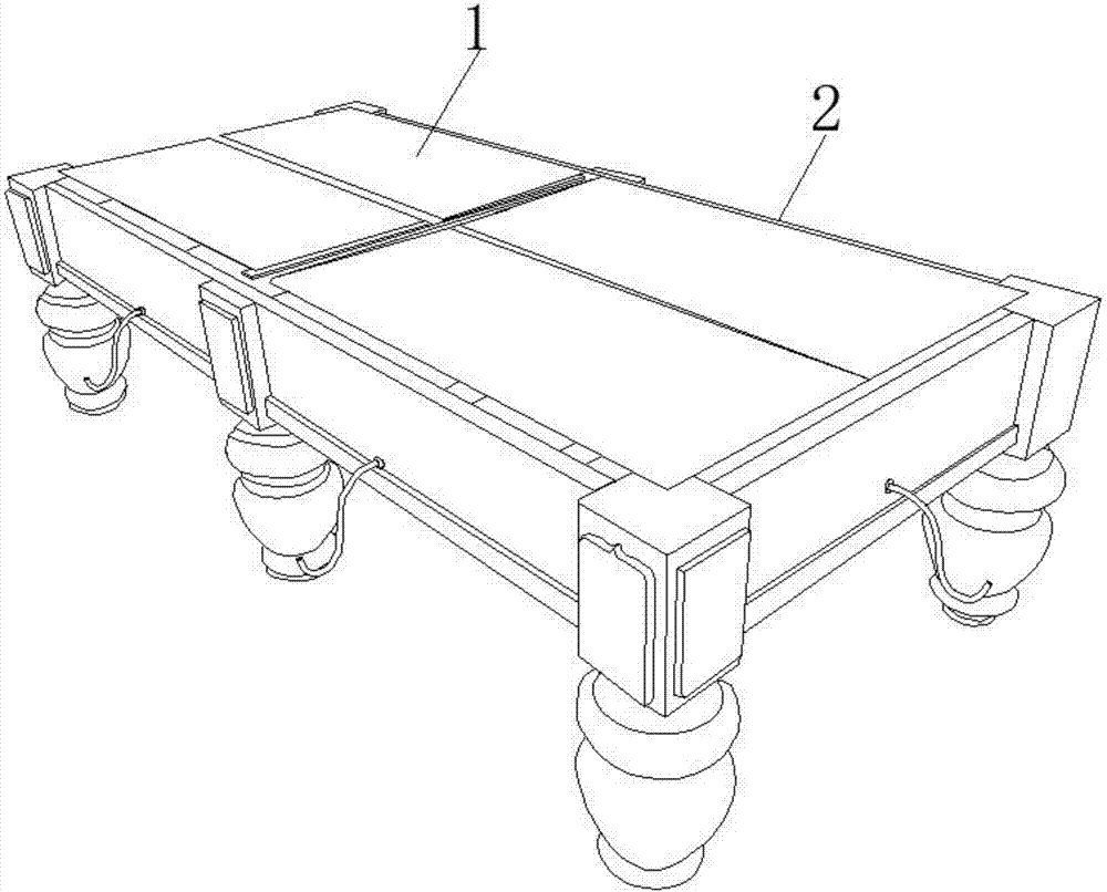 且四面板材之间通过铆钉等结构加固连接,其中台球桌框架(2)的底部连接