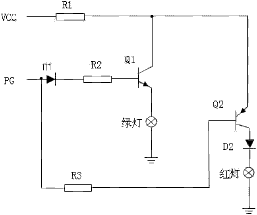 二極管d2正向連接於三極管q2的集電極與紅色指示燈之間;電阻r3連接