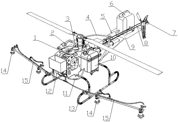 的喷药无人机,包括机身,主旋翼,发动机,尾杆,尾浆,垂尾,油箱,喷药装置