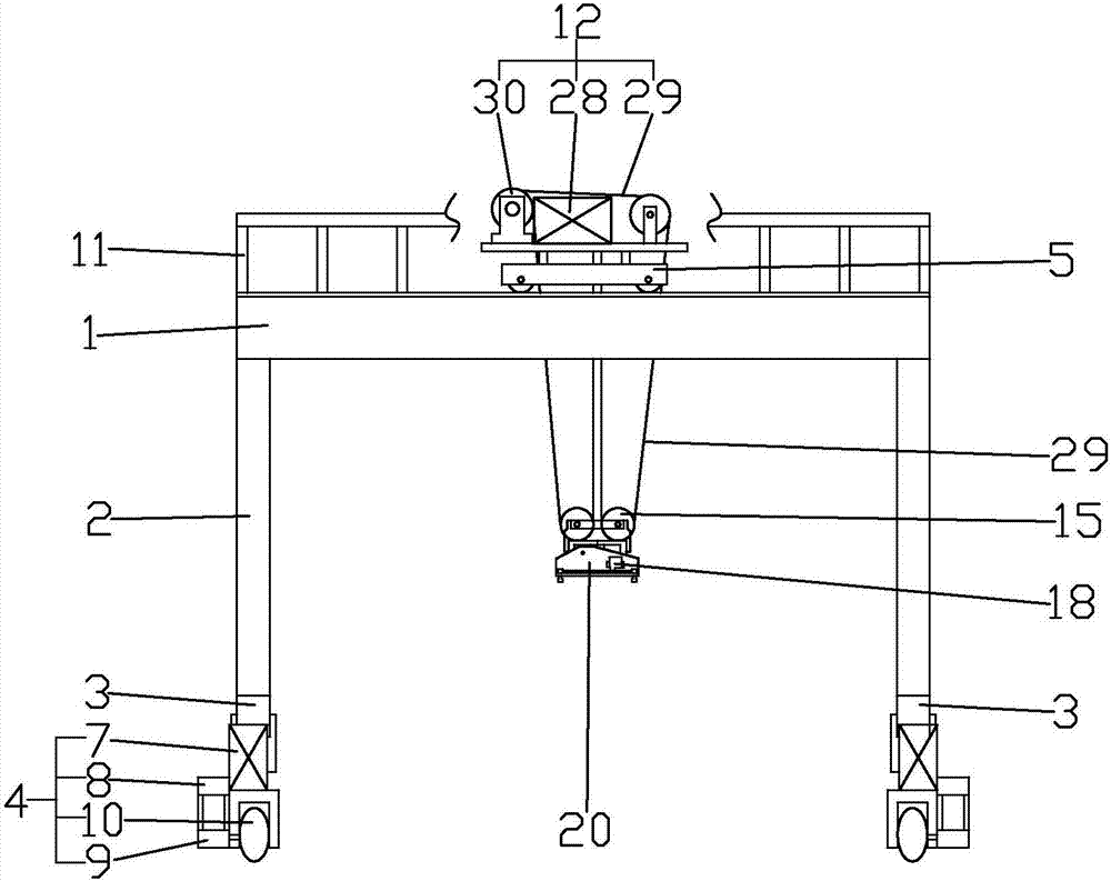 龍門吊模型機,包括大梁(1),立柱(2),橫樑(3),大車驅動機構(4),小車