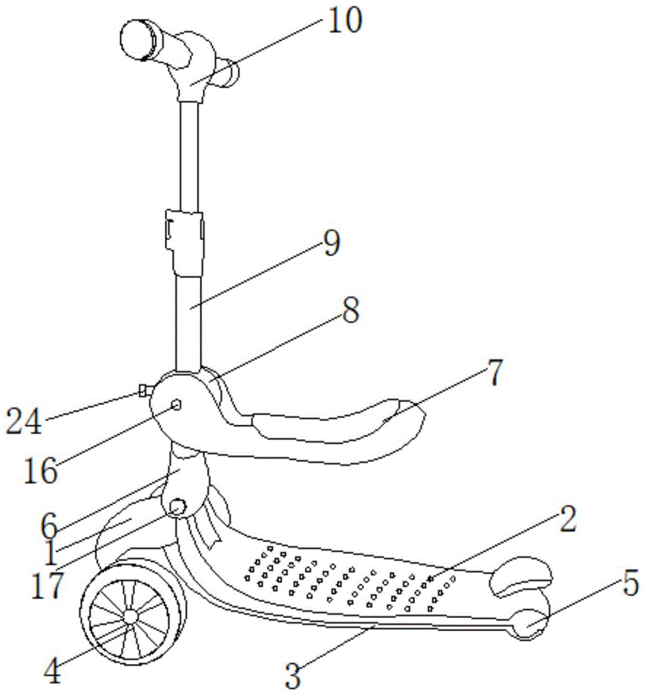 多功能儿童滑板车,包括车把底座,所述车把底座的底部固定连接有滑板下