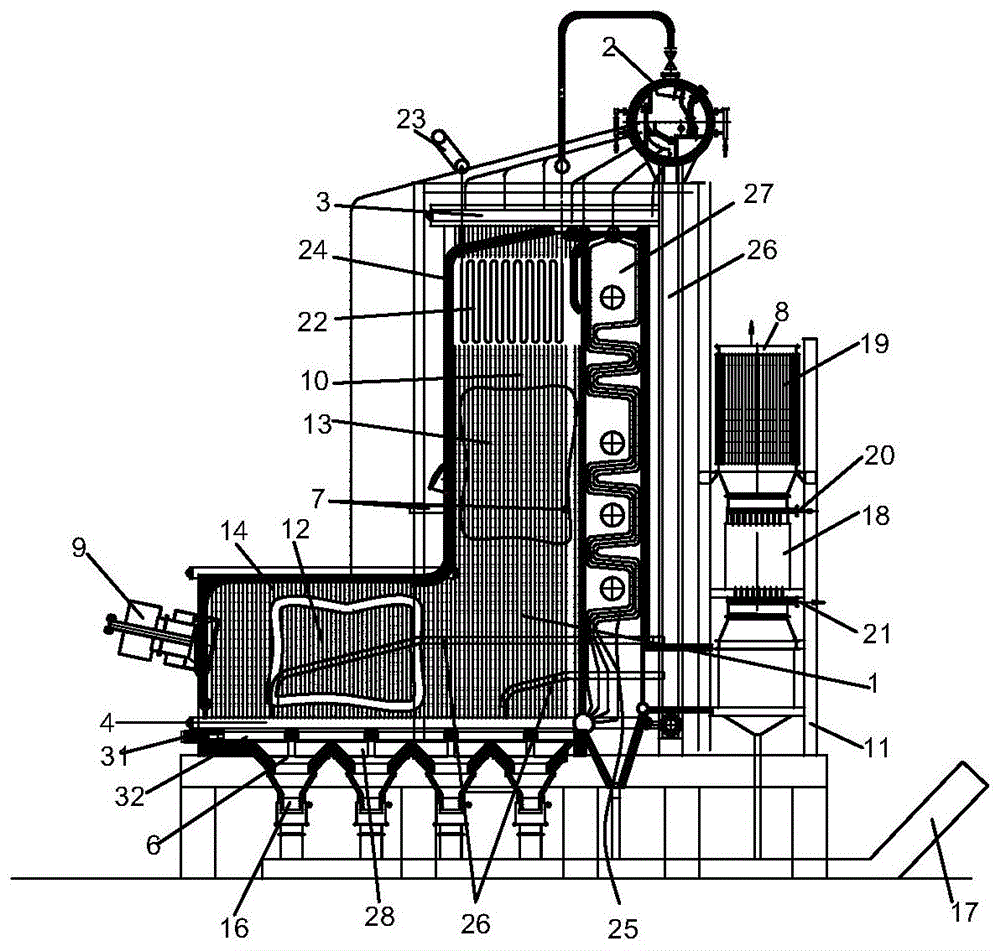 本发明涉及锅炉结构技术领域,特别前段o型卧式与后段立式炉膛的气体