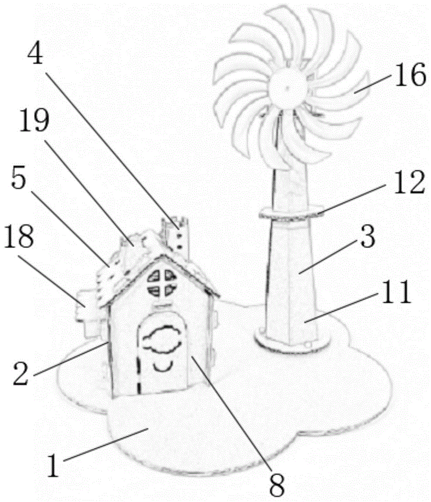 本实用新型涉及环保纸质玩具领域,特别涉及一种瓦楞纸风力发电小屋.