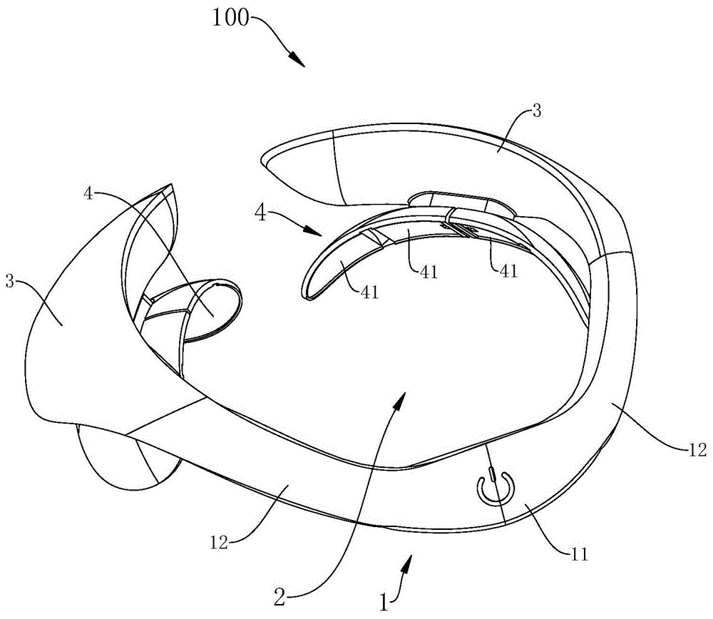 背景技术:相关技术中,颈部按摩仪通常为从后往前的佩戴形式,在这种