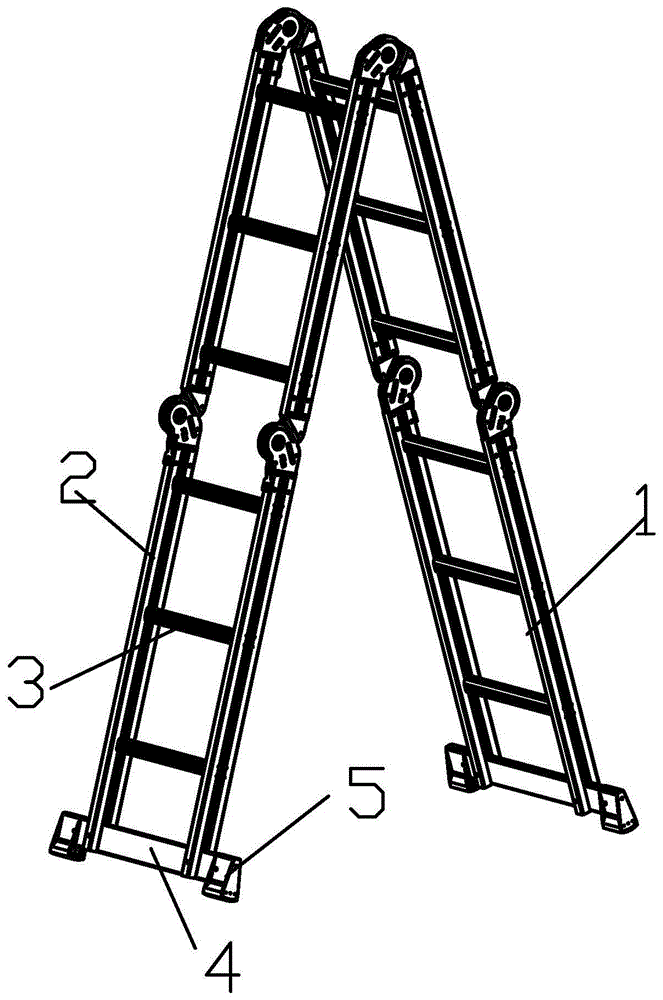 背景技术:现有的梯子只能作为一字梯或是折叠梯使用,且梯子的底端没有