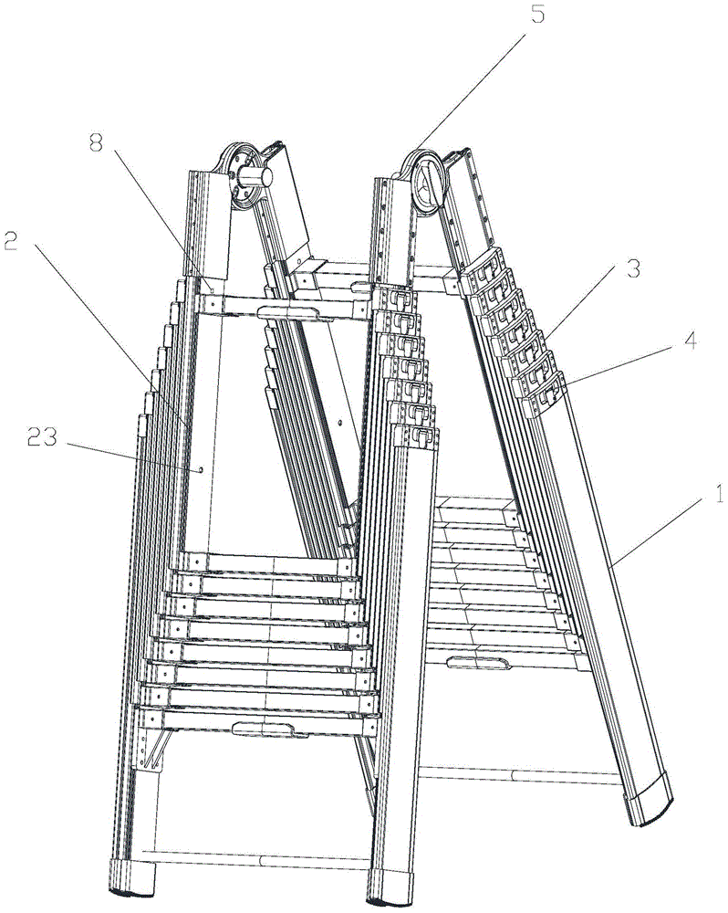 背景技术:伸缩梯多由结构相同,尺寸递减的步梯组,相邻步梯之间通过锁
