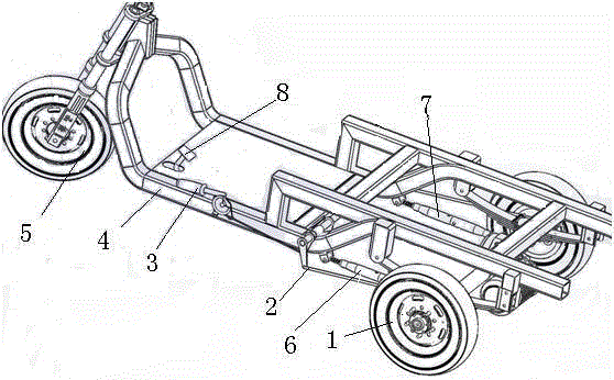 背景技术:图1示出了现有三轮车的结构,现有三轮车包括车架4,安装在