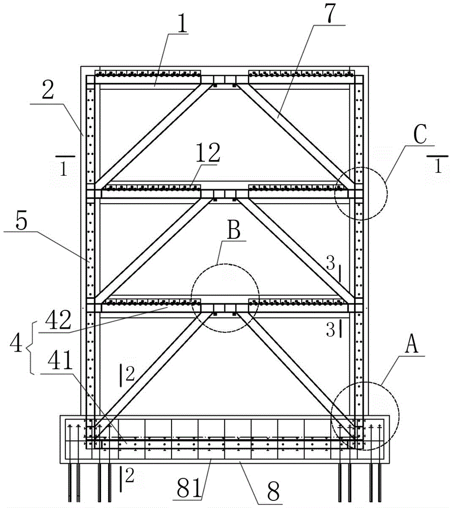 框架结构抗震加固技术领域,具体为一种外部附加带框钢支撑强连接的