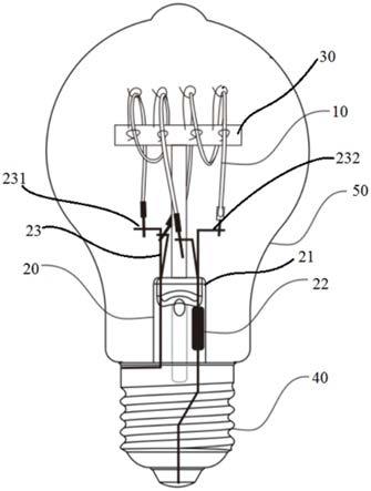 目前市场上的灯泡一般为硬灯丝结构,并且现有灯泡的结构比较单一,芯柱