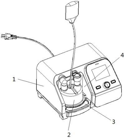 本實用新型涉及治療儀器領域,具體涉及一種帶加溼容器限位按鍵的呼吸