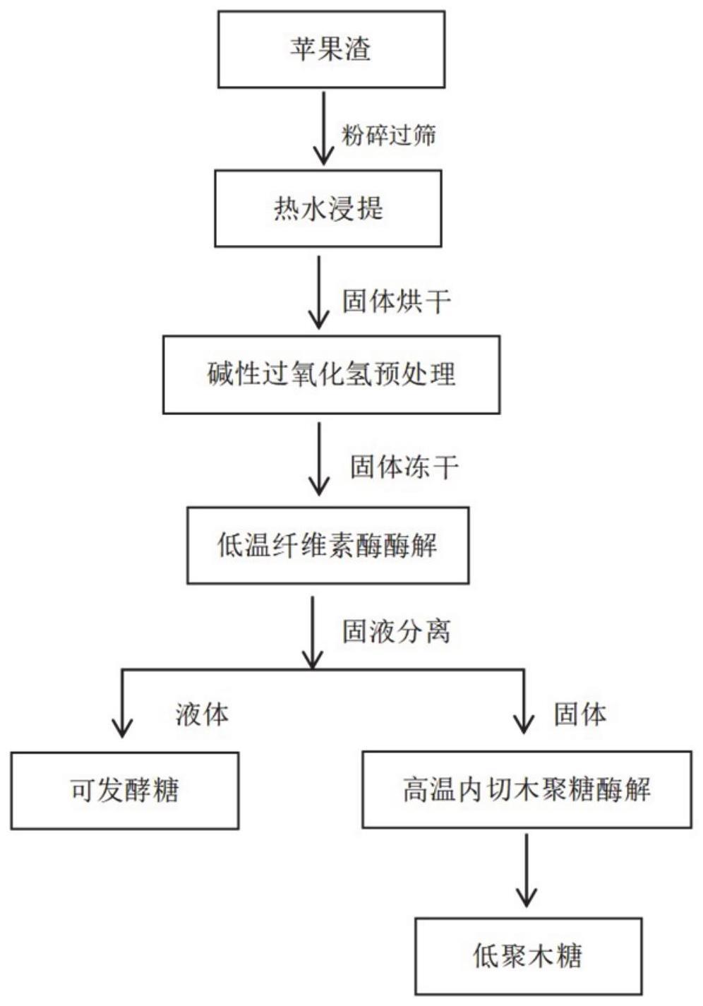 一种利用苹果渣低温生产可发酵糖高温联产低聚木糖的方法及制得的低聚木糖和其应用