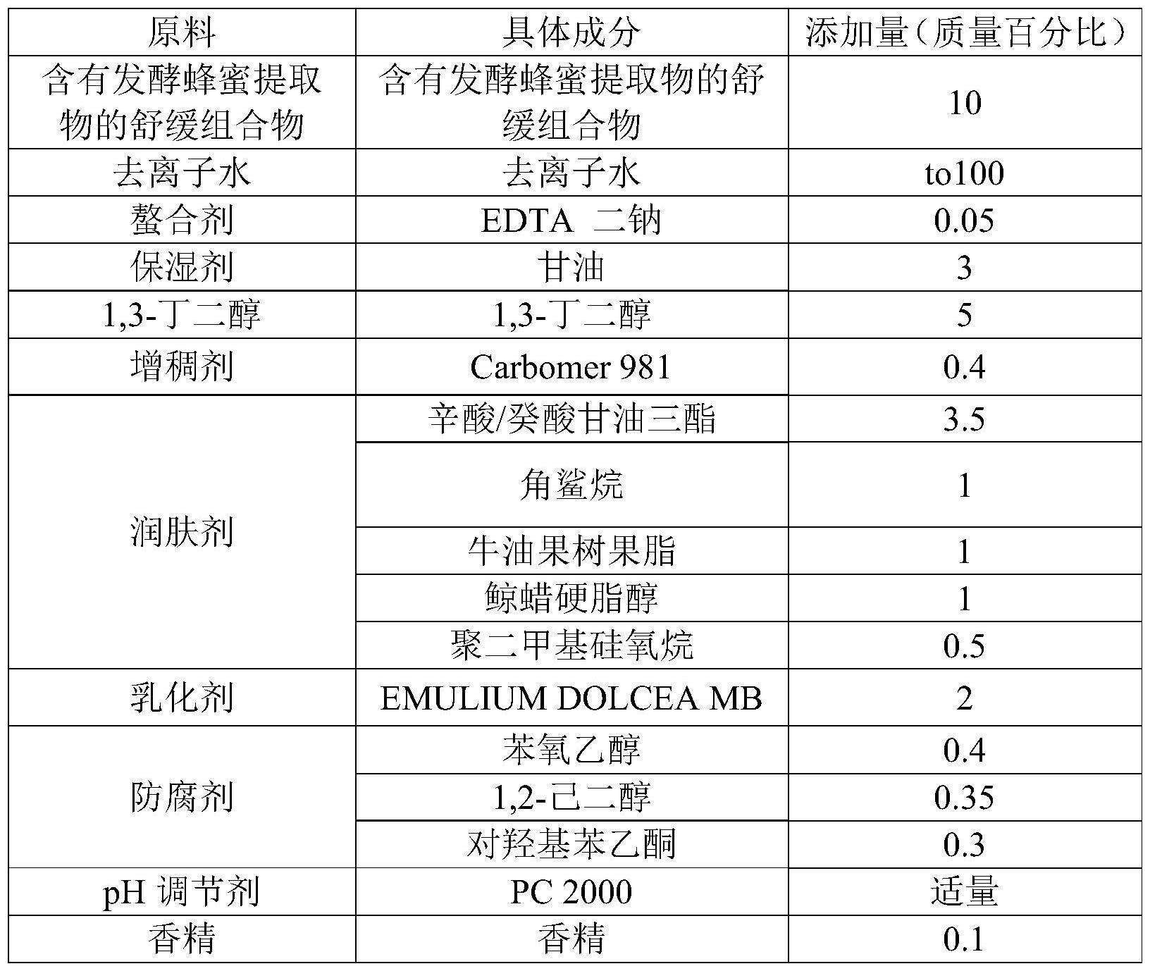 一种含有发酵蜂蜜提取物的舒缓组合物及其应用的制作方法