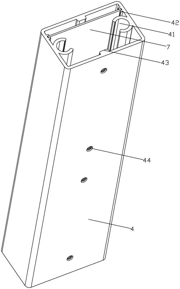 落地?zé)艏捌淞⒅闹谱鞣椒? /><br/><p>本技術(shù)涉及燈具領(lǐng)域，尤其涉及一種落地?zé)艏捌淞⒅?/p><p><br/><b>背景技術(shù)：</b><br/></p><p>1、led燈是發(fā)光照明設(shè)備的一種，led燈廣泛應(yīng)用到各個(gè)行業(yè)中，同時(shí)也有很多種類，led落地?zé)魟t是led燈的一種。</p><p>2、公開號(hào)為cn116857606a的現(xiàn)有技術(shù)公開了一種落地?zé)?，包括設(shè)有底管的底座、頂發(fā)光管、驅(qū)動(dòng)控制電路，底管、頂發(fā)光管均包括插接固定的散熱型材、透光管，散熱型材上固定連接電路板，頂發(fā)光管的電路板上設(shè)led、底端設(shè)公導(dǎo)電端子，底管的電路板頂設(shè)母導(dǎo)電端子，頂發(fā)光管、底管的散熱型材分別在底部設(shè)底固定孔、頂部設(shè)頂固定孔；頂發(fā)光管配設(shè)連接板，連接板與散熱型材的內(nèi)腔相適配，連接板上部伸入頂發(fā)光管的散熱型材的內(nèi)腔底部，并通過(guò)第一螺釘穿入底固定孔后固定；連接板下部伸入底管的散熱型材的內(nèi)腔頂部，并通過(guò)第二螺釘穿過(guò)頂固定孔后固定，同時(shí)，公導(dǎo)電端子與母導(dǎo)電端子插接耦合電性連接；底座上設(shè)有用于連接外部電源適配器的電源插座。</p><p>3、現(xiàn)有技術(shù)中，插座以及適配器均設(shè)置在底座上，這就使得落地?zé)舻撞坑纺[；并且由于插座和適配器的位置較低，這就使得落地?zé)舻姆浪圆?，插接不便?/p><br/><p><b>技術(shù)實(shí)現(xiàn)思路</b></p><p>1、為了解決現(xiàn)有技術(shù)中燈具底部臃腫，防水性差的問(wèn)題，本實(shí)用新型的目的在于提供一種落地?zé)艏捌淞⒅?，能夠使落地?zé)舻恼w更加簡(jiǎn)潔，支撐穩(wěn)定性更好，強(qiáng)度更高，防水性更好，操作更加方便。</p><p>2、為了實(shí)現(xiàn)上述的目的，本實(shí)用新型采用了以下的技術(shù)方案：一種立柱，包括第一管、第二管、連接管以及電路板；部分連接管與第一管的內(nèi)腔相匹配，部分連接管與第二管的內(nèi)腔向匹配；連接管插入第一管和第二管內(nèi)，第一管通過(guò)緊固件與連接管固定連接，第二管通過(guò)緊固件與連接管固定連接；電路板設(shè)置在連接管內(nèi)，電路板與連接管卡接。</p><p>3、作為優(yōu)選，連接管的內(nèi)壁上設(shè)置凸起有第一限位部，第一限位部上設(shè)置有第一卡槽，第一卡槽沿第一限位部的長(zhǎng)度方向延伸并貫穿第一限位部；電線能夠與第一卡槽卡接。</p><p>4、作為優(yōu)選，兩個(gè)第一限位部對(duì)稱設(shè)置在連接管內(nèi)兩個(gè)相對(duì)的內(nèi)壁上，兩個(gè)第一卡槽對(duì)稱設(shè)置。</p><p>5、作為優(yōu)選，第一卡槽為弧形槽。</p><p>6、作為優(yōu)選，連接管的內(nèi)壁上凸起有第二限位部，第二限位部上設(shè)置有第二卡槽，第二卡槽與電路板插接。</p><p>7、作為優(yōu)選，兩個(gè)第二限位部對(duì)稱設(shè)置在連接管內(nèi)兩個(gè)相對(duì)的內(nèi)壁上，兩個(gè)第二卡槽對(duì)稱設(shè)置。</p><p>8、作為優(yōu)選，連接管的內(nèi)壁上凸起有第三限位部，連接管上設(shè)置有螺紋孔，螺紋孔位于第三限位部上。</p><p>9、作為優(yōu)選，電源插座安裝在第二管上，電源插座與電路板電連接。</p><p>10、作為優(yōu)選，支撐腳固定在第二管的底部。</p><p>11、一種落地?zé)簦ㄉ鲜隽⒅?；落地?zé)舻恼彰鹘M件安裝在立柱的頂部，照明組件與電路板電連接。</p><p>12、本實(shí)用新型的技術(shù)方案的有益效果為：第一管和第二管通過(guò)連接管定位連接，如此便于立柱連接裝配；電路板等需要元器件均設(shè)置在立柱內(nèi)，如此可更好的保護(hù)的元器件并且使立柱的外觀更加簡(jiǎn)潔，美觀；上述落地?zé)舻闹文_更加輕盈，由于電路板和接電插座均設(shè)置在立柱上，這也使得落地?zé)舻姆浪愿?，操作更加方便?/p><br/><br><b>技術(shù)特征：</b><br/><p>1.一種立柱，其特征在于：包括第一管（1）、第二管（2）、連接管（4）以及電路板（7）；</p><p>2.根據(jù)權(quán)利要求1所述的一種立柱，其特征在于：連接管（4）的內(nèi)壁上設(shè)置凸起有第一限位部（41），第一限位部（41）上設(shè)置有第一卡槽（411），第一卡槽（411）沿第一限位部（41）的長(zhǎng)度方向延伸并貫穿第一限位部（41）；電線能夠與第一卡槽（411）卡接。</p><p>3.根據(jù)權(quán)利要求2所述的一種立柱，其特征在于：兩個(gè)第一限位部（41）對(duì)稱設(shè)置在連接管（4）內(nèi)兩個(gè)相對(duì)的內(nèi)壁上，兩個(gè)第一卡槽（411）對(duì)稱設(shè)置。</p><p>4.根據(jù)權(quán)利要求2所述的一種立柱，其特征在于：第一卡槽（411）為弧形槽。</p><p>5.根據(jù)權(quán)利要求1所述的一種立柱，其特征在于：連接管（4）的內(nèi)壁上凸起有第二限位部（42），第二限位部（42）上設(shè)置有第二卡槽（421），第二卡槽（421）與電路板（7）插接。</p><p>6.根據(jù)權(quán)利要求5所述的一種立柱，其特征在于：兩個(gè)第二限位部（42）對(duì)稱設(shè)置在連接管（4）內(nèi)兩個(gè)相對(duì)的內(nèi)壁上，兩個(gè)第二卡槽（421）對(duì)稱設(shè)置。</p><p>7.根據(jù)權(quán)利要求1所述的一種立柱，其特征在于：連接管（4）的內(nèi)壁上凸起有第三限位部（43），連接管（4）上設(shè)置有螺紋孔（44），螺紋孔（44）位于第三限位部（43）上。</p><p>8.根據(jù)權(quán)利要求1所述的一種立柱，其特征在于：電源插座（6）安裝在第二管（2）上，電源插座（6）與電路板（7）電連接。</p><p>9.根據(jù)權(quán)利要求1所述的一種立柱，其特征在于：支撐腳（3）固定在第二管（2）的底部。</p><p>10.一種落地?zé)?，其特征在于：包括上述?quán)利要求1-9中任一項(xiàng)所述的一種立柱；</p><br/><b>技術(shù)總結(jié)</b><br>本技術(shù)公開了一種落地?zé)艏捌淞⒅?，包括第一管、第二管、連接管以及電路板；部分連接管與第一管的內(nèi)腔相匹配，部分連接管與第二管的內(nèi)腔向匹配；連接管插入第一管和第二管內(nèi)，第一管通過(guò)緊固件與連接管固定連接，第二管通過(guò)緊固件與連接管固定連接；電路板設(shè)置在連接管內(nèi)，電路板于連接管卡接。如此設(shè)置，第一管和第二管通過(guò)連接管定位連接，如此便于立柱連接裝配；電路板等需要元器件均設(shè)置在立柱內(nèi)，如此可更好的保護(hù)的元器件并且使立柱的外觀更加簡(jiǎn)潔，美觀；上述落地?zé)舻闹文_更加輕盈，由于電路板和接電插座均設(shè)置在立柱上，這也使得落地?zé)舻姆浪愿?，操作更加方便?br/><br/><b>技術(shù)研發(fā)人員：</b>李紅波<br/><b>受保護(hù)的技術(shù)使用者：</b>杭州帕諾邇照明科技有限公司<br/><b>技術(shù)研發(fā)日：</b>20240506<br/><b>技術(shù)公布日：</b>2024/12/17
                        </div>
                        </div>
                        <div   id=