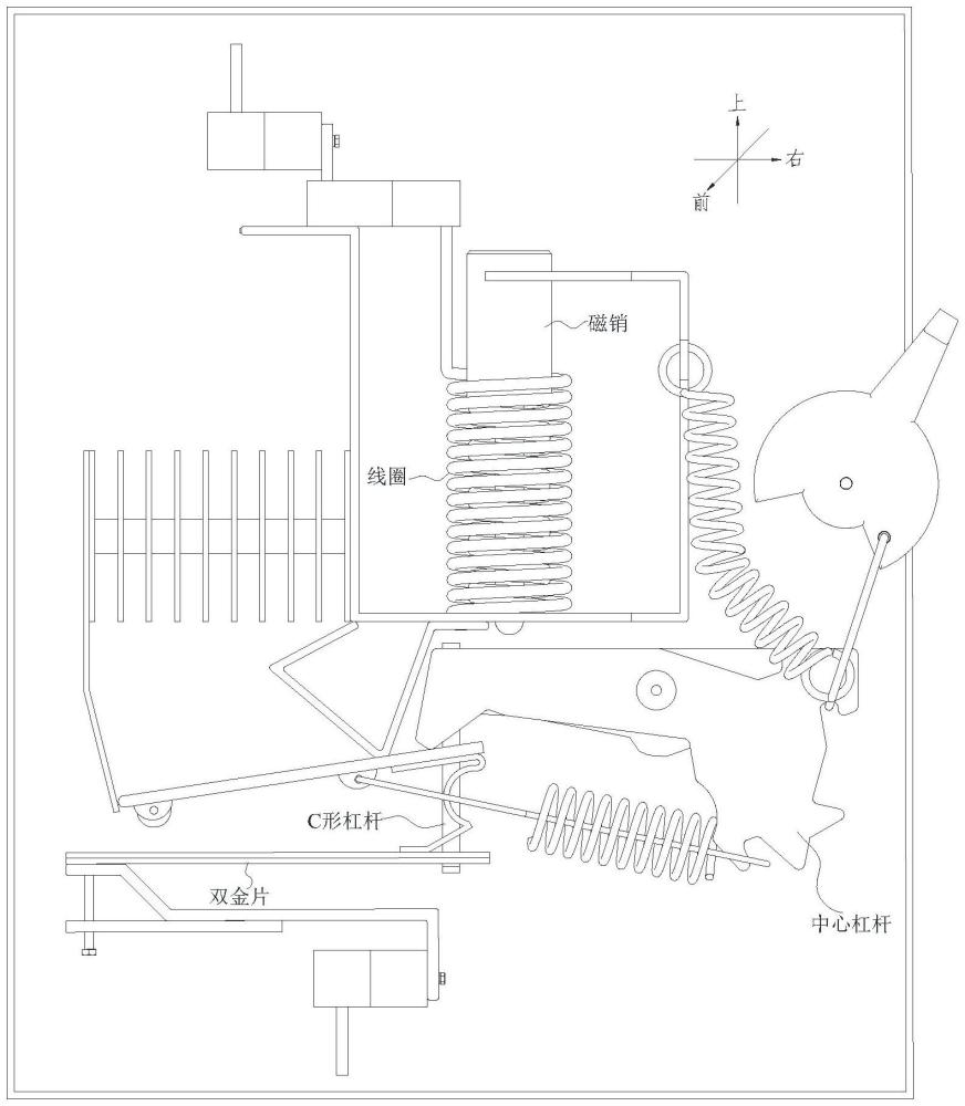 一種多通道數(shù)顯溫控?cái)嗦菲鞯闹谱鞣椒? /><br/><p>本發(fā)明涉及用電保護(hù)設(shè)備領(lǐng)域，具體為一種多通道數(shù)顯溫控?cái)嗦菲鳌?/p><p><br/><b>背景技術(shù)：</b><br/></p><p>1、電力早已成為了人類社會(huì)不可或缺的能源，充斥于人類生活的方方面面。但是，若使用不當(dāng)也會(huì)帶來極大的風(fēng)險(xiǎn)，諸如過載導(dǎo)致線路起火、用電器損壞，甚至引發(fā)火災(zāi)等危害。因此，用電保護(hù)設(shè)備應(yīng)運(yùn)而生，斷路器便是其中十分普遍的一種。斷路器按照應(yīng)用領(lǐng)域可分為低壓式、高壓式、特殊領(lǐng)域式。高壓式一般用于高壓輸電線路，與日常生活雖有著密切聯(lián)系但并不常見，特殊領(lǐng)域式也是如此。所以，本發(fā)明聚焦于，在日常生活中更為普遍的低壓斷路器。</p><p>2、低壓斷路器通常具有短路保護(hù)、過載保護(hù)兩種功能。參照?qǐng)D1和圖2，短路時(shí)，線圈通過大量電流導(dǎo)致自身磁性增強(qiáng)，進(jìn)而引發(fā)磁銷下落到設(shè)定位置，推動(dòng)中心杠桿并使斷路器中的通路斷開(即“跳閘”)；過載時(shí)，線圈中通過的電流不夠大，無法使磁銷下落至設(shè)定位置，但較大的電流會(huì)使雙金片的溫度升高，進(jìn)而使雙金片彎曲變形，牽扯c形杠桿以拉動(dòng)中心杠桿，從而使斷路器“跳閘”。顯然，依靠自身溫度進(jìn)行“跳閘”的雙金結(jié)構(gòu)的實(shí)際性能，是容易受環(huán)境溫度影響的。由此造成斷路器在低溫環(huán)境下過載時(shí)，雙金不能充分形變而“不跳閘”；在高溫環(huán)境下未過載時(shí)，雙金過量形變而“誤跳閘”的現(xiàn)象，長(zhǎng)時(shí)間的“不跳閘”會(huì)提高事故發(fā)生率，不利于用電安全，且此過程中過高的電流損傷用電器，不利于用電器安全；而“誤跳閘”雖然不會(huì)誘發(fā)事故，但是頻繁地跳閘也會(huì)加劇用電器的損傷。所以，現(xiàn)有技術(shù)為低壓斷路器添加了溫度補(bǔ)償裝置，以使斷路器具有更高的靈敏性，可以避免一定范圍內(nèi)的溫度影響，從而確保用電安全及用電器安全。例如公開號(hào)為cn106169400b的專利中，利用輔助雙金補(bǔ)償主雙金受溫度的影響，以確保斷路器在多種環(huán)境溫度下的穩(wěn)定性。</p><p>3、現(xiàn)有技術(shù)依靠純機(jī)械結(jié)構(gòu)實(shí)現(xiàn)溫度補(bǔ)償，功能較為單一，僅能使雙金更穩(wěn)定地觸發(fā)“跳閘”，使斷路器的過載保護(hù)功能穩(wěn)定，而無法在“跳閘”前給予外界警示，以避免“跳閘”的發(fā)生?！疤l”本身就具有一定危害性，特別是在天氣炎熱且缺少散熱的工廠中，跳閘的概率會(huì)大幅度提升，其危害性主要展現(xiàn)如下：一方面一些大功率機(jī)器需要逐步啟停，而突然地?cái)嚯姇?huì)使機(jī)器的停止步驟亂序以造成機(jī)器損傷，另一方面，“跳閘”后機(jī)器的再次啟動(dòng)耗時(shí)耗力，不利于生產(chǎn)效率的提升。</p><p>4、為了使溫度補(bǔ)償裝置在實(shí)現(xiàn)基礎(chǔ)功能的同時(shí)具有預(yù)警功能，提出一種多通道數(shù)顯溫控?cái)嗦菲鳌?/p><br/><p><b>技術(shù)實(shí)現(xiàn)思路</b></p><p>1、本發(fā)明的目的在于提供一種多通道數(shù)顯溫控?cái)嗦菲?，解決了現(xiàn)有斷路器僅能單一地?cái)嚅_電路，而無法提前預(yù)警以避免跳閘，進(jìn)而損傷用電設(shè)備的問題，通過多通道分流，和根據(jù)環(huán)境溫度對(duì)分流大小進(jìn)行調(diào)節(jié)的方式，實(shí)現(xiàn)了斷路器在具有溫度補(bǔ)償功能的同時(shí)，能檢測(cè)電路過載狀態(tài)以提前預(yù)警，從而避免跳閘以保護(hù)用電設(shè)備的效果。</p><p>2、為實(shí)現(xiàn)上述目的，本發(fā)明提供如下技術(shù)方案：</p><p>3、一種多通道數(shù)顯溫控?cái)嗦菲鳎んw、殼蓋、操縱桿、第一矩形環(huán)、第一彈簧、中心杠桿、第二矩形環(huán)、第二彈簧、第一導(dǎo)電板、出線模塊、第一雙金、c形杠桿、第二導(dǎo)電板、下觸點(diǎn)、上觸點(diǎn)、滅弧柵、固定架、進(jìn)線模塊、磁銷、第一線圈、第三彈簧、觸發(fā)模塊、分流通道，所述分流通道包括電路板、觸頭、定值電阻、溫控組件、表頭，所述觸發(fā)模塊連接在磁銷下方，所述電路板安裝在第一導(dǎo)電板右側(cè)，所述觸頭、定值電阻、溫控組件、表頭由左到右依次電性連接在電路板上，且表頭實(shí)時(shí)顯示分流通道上的電流。</p><p>4、所述觸發(fā)模塊在總電路中的電流至設(shè)定值時(shí)接觸觸頭并將總電路中的電流分向分流通道，所述分流通道的電流在總電路電流穩(wěn)定時(shí)受溫控組件調(diào)整與環(huán)境溫度呈正相關(guān)，所述第一雙金上電流的變化趨勢(shì)與分流通道相反。</p><p>5、現(xiàn)有的溫度補(bǔ)償裝置大多通過添加額外的結(jié)構(gòu)，以使雙金能在低溫形變不足時(shí)，借助該結(jié)構(gòu)更容易地跳閘，在高溫形變過量時(shí)，借助該結(jié)構(gòu)更困難地跳閘。但是，這樣的結(jié)構(gòu)設(shè)計(jì)復(fù)雜且精密度要求高，所以安裝的復(fù)雜度、精度也有所提升，導(dǎo)致生產(chǎn)效率降低。而且安裝的難度將導(dǎo)致產(chǎn)品的質(zhì)量較難保證，其實(shí)際使用效果難以保持統(tǒng)一，因此對(duì)電路以及用電器的保護(hù)功能存有差異。本方案中，采用電路分流的方式，將第一雙金所在通道作為主電流通道，另配置一分流通道作為輔電流通道。分流通道所分電流會(huì)與環(huán)境溫度呈正相關(guān)，也就是說，在干路電流恒定時(shí)，環(huán)境溫度越低，第一雙金上通過的電流越大，環(huán)境溫度越高，第一雙金上通過的電流越小。由此，增加了第一雙金在低溫環(huán)境下的形變量，使第一雙金更易于觸發(fā)跳閘；減少了第一雙金在高溫環(huán)境的形變量，使第一雙金更不易觸發(fā)跳閘。此項(xiàng)功能僅需一塊電路板即可實(shí)現(xiàn)，相比現(xiàn)有溫度補(bǔ)償裝置的復(fù)雜安裝以及復(fù)雜安裝帶來的種種問題，本方案具有絕對(duì)優(yōu)勢(shì)，在實(shí)現(xiàn)溫度補(bǔ)償?shù)耐瑫r(shí)，電路板上還為各種電器元件提供了安裝條件。</p><p>6、優(yōu)選的，分流通道上電流關(guān)于環(huán)境溫度的調(diào)節(jié)，通過溫控組件實(shí)現(xiàn)。所述溫控組件為ntc式熱敏電阻，ntc式熱敏電阻的阻值隨環(huán)境溫度升高而降低，根據(jù)i＝u/r,分流通道上的電流隨環(huán)境溫度升高而升高，從而補(bǔ)償?shù)谝浑p金在低溫下的形變不足，以及削減其在高溫下的過量形變，以達(dá)到溫度補(bǔ)償，從而保護(hù)用電和用電器的目的。另外在電路中，高溫環(huán)境相較低溫環(huán)境更普遍存在，為了使分流通道在低溫環(huán)境中能更好地發(fā)揮作用，(使其在低溫時(shí)電流較小)溫控組件的最大阻值不小于最小阻值的5倍。溫控組件和第一雙金在工作時(shí)都會(huì)散發(fā)熱量，所以將溫控組件布置在遠(yuǎn)離第一雙金一側(cè)，從而避免溫控組件與第一雙金的溫度相互影響，以造成斷路器的不靈敏，影響其安全性能。</p><p>7、優(yōu)選的，所述定值電阻的阻值不小于溫控組件的最小阻值，且定值電阻與溫控組件保持串聯(lián)。分流通道中作為輔助通道，實(shí)現(xiàn)對(duì)第一雙金所在主通道的溫度補(bǔ)償，自身電流不宜過大，所以分流通道中應(yīng)該存有基礎(chǔ)阻值，而若將此基礎(chǔ)阻值放在溫控組件上，勢(shì)必會(huì)使溫控組件產(chǎn)生大量熱量，進(jìn)而使其阻值隨溫度的變化受到影響，因此，通過額外的定值電阻的布置，即實(shí)現(xiàn)了對(duì)分流通道的限流，又使分擔(dān)了溫控組件產(chǎn)生的熱量，使其更穩(wěn)定地工作。</p><p>8、短路保護(hù)、過載保護(hù)是斷路器最基礎(chǔ)的功能，即使加上現(xiàn)有的溫度補(bǔ)償裝置，也是對(duì)其基礎(chǔ)功能的完善，但是無論跳閘動(dòng)作多靈敏、多穩(wěn)定，跳閘都無可避免地要發(fā)生，特別是對(duì)于缺少極端溫度下電路設(shè)計(jì)的工廠而言，在炎熱天氣下，跳閘會(huì)更頻繁地發(fā)生。盡管工廠中的用電器可能設(shè)置有斷電保護(hù)裝置，但是該裝置的作用是有限的，且跳閘帶來的維護(hù)工作會(huì)極大降低生產(chǎn)效率。另外，此時(shí)若通過更換更大規(guī)格的斷路器來簡(jiǎn)單解決問題，又很容易造成級(jí)差配合的困難，(即下級(jí)故障時(shí)上級(jí)開關(guān)越級(jí)跳閘)引發(fā)更大的事故風(fēng)險(xiǎn)。為延長(zhǎng)用電器的使用壽命以及保障生產(chǎn)效率，應(yīng)竭力避免因跳閘導(dǎo)致的斷電事故。本方案中，通過數(shù)顯功能的添加，實(shí)現(xiàn)了斷路器工作邏輯的更新，使其在跳閘前可以檢測(cè)出電路過載的趨勢(shì)。</p><p>9、優(yōu)選的，通過表頭測(cè)定分流通道中的電流值，判斷分流通道的負(fù)載情況，以合理規(guī)劃用電量，從而防止過載導(dǎo)致的跳閘。所述表頭與定值電阻、溫控組件保持串聯(lián)，所述表頭包括表身、表盤、表針，所述表盤上設(shè)有色彩指示、文字指示。一方面，通過色彩指示可以直接判斷出當(dāng)前電路的安全情況；另一方面，通過具體的文字指示可以確切地規(guī)劃用電量。</p><p>10、分流通道自身也會(huì)產(chǎn)生一定的耗電量，因此不能使分流通道保持通電狀態(tài)，以節(jié)省能源。在本方案中，設(shè)置了觸發(fā)模塊，使干路上的總電流到達(dá)設(shè)定值時(shí)(臨近過載值)，方能通過觸發(fā)模塊使分流通道接通，以進(jìn)行溫度補(bǔ)償以及數(shù)顯工作。</p><p>11、優(yōu)選的，所述觸頭包括第四彈簧、導(dǎo)電片，所述第四彈簧插入電路板，且第四彈簧與定值電阻、溫控組件、表頭保持串聯(lián)。一方面，齒輪與第一齒條的接觸是不連續(xù)的，因此觸發(fā)模塊的作用是間歇的，而第四彈簧可以通過自身的形變來緩沖此間歇帶來的，自身與右臂的短暫分離，使分流通道的電流穩(wěn)定，以更好地保護(hù)用電安全；另一方面，又能加速分流通道從電路中斷開的速度。所述導(dǎo)電片連接在第四彈簧上端，所述觸發(fā)模塊包括觸發(fā)杠桿、支桿、齒輪，所述觸發(fā)杠桿包括支點(diǎn)、左臂、右臂，所述支點(diǎn)鉸接在殼體上，所述左臂、右臂分別位于支點(diǎn)的左、右兩側(cè)，且左臂的長(zhǎng)度大于右臂。</p><p>12、優(yōu)選的，所述支桿包括主體、上托部、導(dǎo)電部、第一齒條，所述殼體上布置有固定框、支柱，所述主體插入固定框，所述上托部、導(dǎo)電部、第一齒條由下到上依次布置在主體上，所述第二導(dǎo)電板的右側(cè)設(shè)置有凸起，所述凸起設(shè)置為弧形結(jié)構(gòu)，小的接觸面積使摩擦減少，避免對(duì)第一雙金受熱彎曲的影響。凸起抵緊導(dǎo)電部，從而通過導(dǎo)電部實(shí)現(xiàn)分流。</p><p>13、優(yōu)選的，所述磁銷由上到下包括配重部、伸桿部，所述伸桿部由上到下包括圓柱部、方柱部，方柱部的設(shè)置使加工更方便，無需對(duì)伸桿部整體進(jìn)行銑削加工。方柱部的側(cè)棱做圓角處理。方柱部的內(nèi)部設(shè)置有第二齒條，且第二齒條的加工在方柱提供的平面上更容易完成。</p><p>14、優(yōu)選的，所述上托部位于左臂的下方，且上托部的左、右側(cè)棱做圓角處理，使上托部與觸發(fā)杠桿間的接觸更平滑，保證結(jié)構(gòu)壽命的同時(shí)，使結(jié)構(gòu)間的聯(lián)動(dòng)更順暢。所述齒輪安裝在固定架的下方，所述第一齒條、第二齒條均與齒輪嚙合，且第一齒條的齒數(shù)小于第二齒條，使支桿上行的距離受限，從而控制第四彈簧的下壓量，一方面延長(zhǎng)彈簧壽命，另一方面使磁銷的下行不受過大阻力，導(dǎo)致跳閘延遲或不跳閘。在電路接近過載，即電路中的電流達(dá)到設(shè)定值時(shí)，磁銷方會(huì)受到設(shè)定磁力并產(chǎn)生相應(yīng)下行，使分流通道通電。在電路處于安全狀態(tài)時(shí)，分流通道會(huì)斷開，從而更好地延長(zhǎng)分流通道壽命，也能起到減少電能耗費(fèi)的作用。</p><p>15、優(yōu)選的，所述第一齒條、第二齒條的寬度相同，且第一齒條、第二齒條的寬度小于齒輪的寬度。一方面相比齒條，齒輪承受的力與扭矩更大，更易受損，所以通過增加寬度延長(zhǎng)其壽命；另一方面，齒輪寬于齒條，可以對(duì)方柱部形成定位，使齒條與齒輪的嚙合更穩(wěn)定。</p><p>16、優(yōu)選的，所述固定架的下端開設(shè)有通孔，所述通孔位于第三彈簧的輪廓在固定架上下方向的投影上，且通孔設(shè)置于第三彈簧下端與固定架未貼合處，所述通孔套合上行的第一齒條，第三彈簧可以緩沖上行的第一齒條部，也能加速其下行，使齒條與齒輪間的嚙合更緊密，且使第一齒條部的上行行程更長(zhǎng)，有利于對(duì)觸頭的穩(wěn)定觸發(fā)。所述第一齒條的上端面至第三彈簧下端的距離不大于第一齒條的上行行程，從而使上行的第一齒條能受到第三彈簧的緩沖及加速作用。</p><p>17、與現(xiàn)有技術(shù)相比，本發(fā)明的有益效果為：</p><p>18、1、本發(fā)明通過對(duì)分流通道中溫控組件的設(shè)置，使斷路器具有溫度補(bǔ)償功能，并通過與定值電阻、表頭的串聯(lián)增強(qiáng)了這種補(bǔ)償?shù)姆€(wěn)定性，而且使分流通道具有了過載檢測(cè)功能。由此，斷路器在更穩(wěn)定地跳閘以保護(hù)用電的同時(shí)，還能通過檢測(cè)以預(yù)先提醒的方式，在一定程度上避免跳閘，從而保護(hù)用電器安全及保障生產(chǎn)效率。</p><p>19、2、本發(fā)明通過定值電阻、溫控組件在分流通道上的串聯(lián)，實(shí)現(xiàn)了對(duì)分流通道的限流，以避免控制過大電流帶來的電弧風(fēng)險(xiǎn)的同時(shí)，使溫控組件通過分壓的方式降低了自身產(chǎn)熱量，進(jìn)而使溫控功能更穩(wěn)定。</p><p>20、3、本發(fā)明中通過對(duì)固定架通孔的設(shè)置，使第一齒條的齒數(shù)可以設(shè)置更多，進(jìn)而使支桿的上行行程更充足，以帶動(dòng)觸發(fā)杠桿與觸頭更緊密地接觸，使分流電路通電穩(wěn)定，進(jìn)而確保斷路器功能的穩(wěn)定；也使支桿可以與第三彈簧接觸，在第三彈簧的彈力作用下，第一齒條與齒輪的嚙合更緊密，進(jìn)而使齒輪與第二齒條的嚙合緊密，由此既使磁銷的下行平穩(wěn)，又減弱了齒輪與齒條間的沖擊，進(jìn)而使斷路器的耐久度有所保障。</p>
                        </div>
                        </div>
                        <div   id=