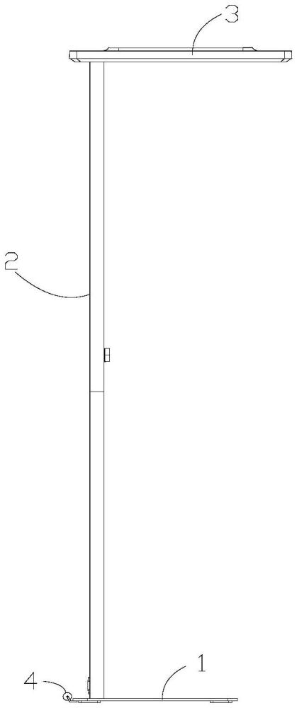 一種落地?zé)舻闹谱鞣椒? /><br/><p>本技術(shù)涉及照明燈具，更具體地說，涉及一種落地?zé)簟?/p><p><br/><b>背景技術(shù)：</b><br/></p><p>1、落地?zé)粲捎跁r尚獨特的造型和方便使用的特點受到廣大消費者的青睞，一般布置在書房內(nèi)，與學(xué)習(xí)桌配合使用；或者布置在客廳或休息區(qū)域內(nèi)，與沙發(fā)、茶幾配合使用，以滿足該空間全屋照明的需求。對于目前市場上出現(xiàn)的較大落地?zé)舳?，由于配置有較大的燈頭，在實際應(yīng)用時，為了避免落地?zé)粢蝾^重腳輕出現(xiàn)易傾倒的問題，廠家通常會設(shè)計采用具有一定配重重量的底座來起到主要支撐作用，然而，當(dāng)?shù)鬃^重則搬移和挪動比較費力，不便于對落地?zé)暨M行移動布置，使用較為不便，因此亟待對此問題進行改善。</p><br/><p><b>技術(shù)實現(xiàn)思路</b></p><p>1、本實用新型要解決的技術(shù)問題在于，針對現(xiàn)有技術(shù)的上述缺陷，提供一種落地?zé)簟?/p><p>2、本實用新型解決其技術(shù)問題所采用的技術(shù)方案是：一種落地?zé)?，包括底座、支撐桿和照明機構(gòu)，所述支撐桿頂部與照明機構(gòu)可拆裝連接，所述支撐桿底部與底座可拆裝連接；所述底座上設(shè)有供連接件穿越的第一螺孔，所述支撐桿通過第一螺孔與底座相連接；所述底座上還設(shè)有滑輪機構(gòu)，所述滑輪機構(gòu)包括設(shè)于底座上的支架以及轉(zhuǎn)動設(shè)于支架上的滑輪本體；所述底座在第一狀態(tài)時，所述滑輪本體相對于地面懸空；所述底座在第二狀態(tài)時，所述滑輪本體與地面滑動接觸并帶動底座、支撐桿和照明機構(gòu)同步移動。</p><p>3、在一些實施例中，所述支架一端固定設(shè)于底座下表面后部，所述支架另一端相對位于底座后方且沿遠離底座的后上方方向傾斜延伸；所述滑輪本體轉(zhuǎn)動設(shè)于支架另一端。</p><p>4、在一些實施例中，所述支架一端固定設(shè)于底座上表面后部，所述支架另一端相對位于底座后方且沿遠離底座的方向水平延伸；所述滑輪本體轉(zhuǎn)動設(shè)于支架另一端。</p><p>5、在一些實施例中，所述底座的左右表面后部各設(shè)有一支架，兩個所述支架遠離底座的一端均朝向底座的后方水平延伸且均連接有一轉(zhuǎn)動的滑輪本體。</p><p>6、在一些實施例中，所述底座的左表面和/或右表面上各設(shè)有兩個沿底座的前后方向間隔分布的支架，任一所述支架的前后端均對應(yīng)設(shè)有一轉(zhuǎn)動的滑輪本體。</p><p>7、在一些實施例中，所述支撐桿包括第一豎桿以及連接在第一豎桿頂部的第二豎桿；所述第一豎桿底部通過第一螺孔連接在底座的上表面后部；所述第二豎桿頂部與照明機構(gòu)可拆裝連接。</p><p>8、在一些實施例中，所述第一豎桿的底端面開設(shè)有供連接件插入鎖緊的第二螺孔，所述第二螺孔與第一螺孔一一對應(yīng)。</p><p>9、在一些實施例中，所述第一豎桿頂部或第二豎桿底部對應(yīng)設(shè)有插入至第二豎桿內(nèi)部或第一豎桿內(nèi)部的連接柱，所述第一豎桿和第二豎桿之間通過連接柱拼接固定。</p><p>10、在一些實施例中，所述照明機構(gòu)包括燈殼、設(shè)于燈殼內(nèi)的光源以及設(shè)于燈殼下表面的下透光板；所述支撐桿頂部可拆裝連接在燈殼下表面后部。</p><p>11、在一些實施例中，所述燈殼上表面還設(shè)有上透光板。</p><p>12、本實用新型的有益效果在于：區(qū)別于現(xiàn)有技術(shù)，本實用新型的落地?zé)糁?，支撐桿與照明機構(gòu)、底座之間均是可拆裝連接；整體結(jié)構(gòu)設(shè)計簡單，方便組裝、拆卸和運輸；底座上還設(shè)有滑輪機構(gòu)，滑輪機構(gòu)包括設(shè)于底座上的支架以及轉(zhuǎn)動設(shè)于支架上的滑輪本體；底座在第一狀態(tài)時，滑輪本體相對于地面懸空；底座在第二狀態(tài)時，滑輪本體與地面滑動接觸并帶動底座、支撐桿和照明機構(gòu)同步移動，方便對落地?zé)暨M行移動布置，提高了落地?zé)舻囊苿颖憬菪浴?/p><br/><br><b>技術(shù)特征：</b><br/><p>1.一種落地?zé)?，包括底座、支撐桿和照明機構(gòu)，所述支撐桿頂部與照明機構(gòu)可拆裝連接，所述支撐桿底部與底座可拆裝連接；其特征在于，所述底座上設(shè)有供連接件穿越的第一螺孔，所述支撐桿通過第一螺孔與底座相連接；所述底座上還設(shè)有滑輪機構(gòu)，所述滑輪機構(gòu)包括設(shè)于底座上的支架以及轉(zhuǎn)動設(shè)于支架上的滑輪本體；所述底座在第一狀態(tài)時，所述滑輪本體相對于地面懸空；所述底座在第二狀態(tài)時，所述滑輪本體與地面滑動接觸并帶動底座、支撐桿和照明機構(gòu)同步移動。</p><p>2.根據(jù)權(quán)利要求1所述的落地?zé)簦涮卣髟谟?，所述支架一端固定設(shè)于底座下表面后部，所述支架另一端相對位于底座后方且沿遠離底座的后上方方向傾斜延伸；所述滑輪本體轉(zhuǎn)動設(shè)于支架另一端。</p><p>3.根據(jù)權(quán)利要求1所述的落地?zé)?，其特征在于，所述支架一端固定設(shè)于底座上表面后部，所述支架另一端相對位于底座后方且沿遠離底座的方向水平延伸；所述滑輪本體轉(zhuǎn)動設(shè)于支架另一端。</p><p>4.根據(jù)權(quán)利要求1所述的落地?zé)?，其特征在于，所述底座的左右表面后部各設(shè)有一支架，兩個所述支架遠離底座的一端均朝向底座的后方水平延伸且均連接有一轉(zhuǎn)動的滑輪本體。</p><p>5.根據(jù)權(quán)利要求1所述的落地?zé)簦涮卣髟谟?，所述底座的左表面?或右表面上各設(shè)有兩個沿底座的前后方向間隔分布的支架，任一所述支架的前后端均對應(yīng)設(shè)有一轉(zhuǎn)動的滑輪本體。</p><p>6.根據(jù)權(quán)利要求1所述的落地?zé)簦涮卣髟谟?，所述支撐桿包括第一豎桿以及連接在第一豎桿頂部的第二豎桿；所述第一豎桿底部通過第一螺孔連接在底座的上表面后部；所述第二豎桿頂部與照明機構(gòu)可拆裝連接。</p><p>7.根據(jù)權(quán)利要求6所述的落地?zé)?，其特征在于，所述第一豎桿的底端面開設(shè)有供連接件插入鎖緊的第二螺孔，所述第二螺孔與第一螺孔一一對應(yīng)。</p><p>8.根據(jù)權(quán)利要求6所述的落地?zé)?，其特征在于，所述第一豎桿頂部或第二豎桿底部對應(yīng)設(shè)有插入至第二豎桿內(nèi)部或第一豎桿內(nèi)部的連接柱，所述第一豎桿和第二豎桿之間通過連接柱拼接固定。</p><p>9.根據(jù)權(quán)利要求1所述的落地?zé)?，其特征在于，所述照明機構(gòu)包括燈殼、設(shè)于燈殼內(nèi)的光源以及設(shè)于燈殼下表面的下透光板；所述支撐桿頂部可拆裝連接在燈殼下表面后部。</p><p>10.根據(jù)權(quán)利要求9所述的落地?zé)簦涮卣髟谟?，所述燈殼上表面還設(shè)有上透光板。</p><br/><b>技術(shù)總結(jié)</b><br>本技術(shù)涉及照明燈具技術(shù)領(lǐng)域，提供一種落地?zé)?，包括底座、支撐桿和照明機構(gòu)，所述支撐桿頂部與照明機構(gòu)可拆裝連接，所述支撐桿底部與底座可拆裝連接；所述底座上設(shè)有供連接件穿越的第一螺孔，所述支撐桿通過第一螺孔與底座相連接；所述底座上還設(shè)有滑輪機構(gòu)，所述滑輪機構(gòu)包括設(shè)于底座上的支架以及轉(zhuǎn)動設(shè)于支架上的滑輪本體；所述底座在第一狀態(tài)時，所述滑輪本體相對于地面懸空；所述底座在第二狀態(tài)時，所述滑輪本體與地面滑動接觸并帶動底座、支撐桿和照明機構(gòu)同步移動；整體結(jié)構(gòu)設(shè)計簡單，方便組裝、拆卸和運輸，還便于通過滑輪機構(gòu)帶動底座、支撐桿和照明機構(gòu)同步移動，方便對該落地?zé)暨M行移動布置，提高了落地?zé)舻囊苿颖憬菪浴?br/><br/><b>技術(shù)研發(fā)人員：</b>戴建博,戴時雨<br/><b>受保護的技術(shù)使用者：</b>深圳市締軒科技有限公司<br/><b>技術(shù)研發(fā)日：</b>20240522<br/><b>技術(shù)公布日：</b>2024/12/26
                        </div>
                        </div>
                        <div   id=