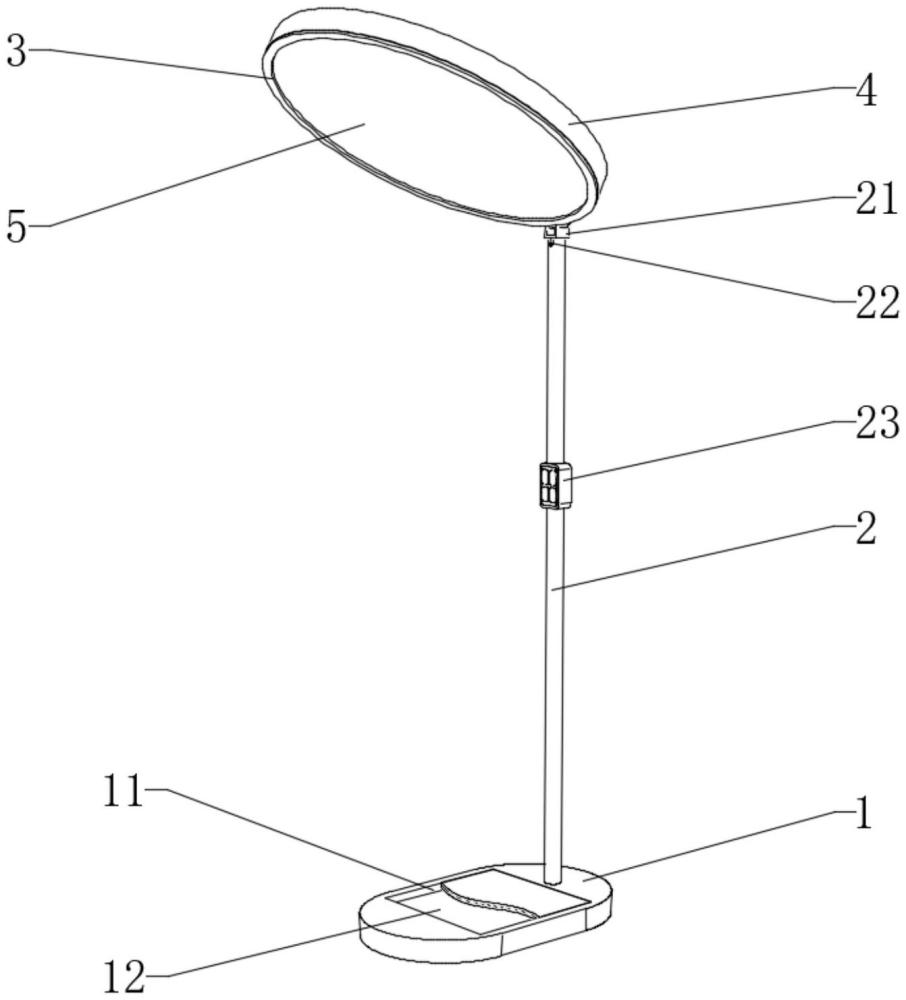 一種護(hù)眼落地?zé)舻闹谱鞣椒? /><br/><p>本技術(shù)涉及燈具，具體為一種護(hù)眼落地?zé)簟?/p><p><br/><b>背景技術(shù)：</b><br/></p><p>1、落地?zé)羰且环N放置在地面上的燈具，通常選擇使用led作為光源，適合在家中閱讀、學(xué)習(xí)或工作時(shí)使用。</p><p>2、為了提高落地?zé)舻淖o(hù)眼效果，專利公告號(hào)為cn219264009u的一種護(hù)眼落地?zé)?，包括底座、頂板以及柔光板，所述底座呈u形且沒(méi)有缺口的一側(cè)頂部居中處固定連接有支撐桿，所述支撐桿呈l形且遠(yuǎn)離所述底座的一端固定連接有所述頂板，所述頂板的剖面呈凹字形且底部通過(guò)緊固件連接有所述柔光板，該方案設(shè)有柔光板可避免led點(diǎn)光源造成的空間不均勻性，讓上出光更加均勻柔和，提高使用者使用此裝置的舒適性。</p><p>3、但是，上述方案仍存在一些不足，例如，采用led點(diǎn)光源進(jìn)行直射到燈板上進(jìn)行照明，當(dāng)需要照明的強(qiáng)度較大時(shí)，燈板會(huì)產(chǎn)生光線強(qiáng)度較大的光源亮斑，眼睛看到光源亮斑時(shí)，會(huì)對(duì)眼睛產(chǎn)生較強(qiáng)的刺激，影響眼睛健康，鑒于此，本實(shí)用新型提出了一種護(hù)眼落地?zé)簟?/p><br/><p><b>技術(shù)實(shí)現(xiàn)思路</b></p><p>1、本實(shí)用新型的目的在于提供護(hù)眼落地?zé)簦越鉀Q上述背景技術(shù)中提出的問(wèn)題。</p><p>2、為實(shí)現(xiàn)上述目的，本實(shí)用新型提供如下技術(shù)方案：一種護(hù)眼落地?zé)?，包括底座，所述底座的頂部且靠近右?cè)邊緣處固定設(shè)置有立桿，所述立桿的頂部連接有燈體，所述燈體包括環(huán)狀外殼，所述環(huán)狀外殼為底部設(shè)置有開口的中空結(jié)構(gòu)，所述環(huán)狀外殼的內(nèi)側(cè)且靠近底端處安裝有散射板，所述環(huán)狀外殼的內(nèi)頂壁上安裝有頂光源，所述環(huán)狀外殼的內(nèi)側(cè)壁上安裝有側(cè)光源，所述散射板的外側(cè)設(shè)置有折射光柵。</p><p>3、優(yōu)選的，所述底座的內(nèi)部且靠近中心處開設(shè)有安裝腔，所述安裝腔的內(nèi)部固定安裝有蓄電池。</p><p>4、更進(jìn)一步地，所述立桿的內(nèi)部為中空結(jié)構(gòu)，所述立桿的頂部焊接固定有連接架，所述立桿上且位于連接架的下方開設(shè)有出線孔，所述立桿上安裝有控制開關(guān)。</p><p>5、優(yōu)選的，所述環(huán)狀外殼的右側(cè)焊接固定有活動(dòng)塊，所述活動(dòng)塊與連接架轉(zhuǎn)動(dòng)連接，所述活動(dòng)塊的外側(cè)設(shè)置有與連接架螺紋連接的調(diào)節(jié)螺旋。</p><p>6、更進(jìn)一步地，所述環(huán)狀外殼的內(nèi)壁表面上粘接固定有光反射膜。</p><p>7、優(yōu)選的，所述頂光源包括安裝在環(huán)狀外殼內(nèi)頂壁上的環(huán)狀燈板，所述環(huán)狀燈板上設(shè)置有若干交錯(cuò)分布的led燈珠。</p><p>8、更進(jìn)一步地，所述側(cè)光源包括安裝在環(huán)狀外殼內(nèi)側(cè)壁上的定位環(huán)，所述定位環(huán)的內(nèi)側(cè)安裝有環(huán)狀燈帶，所述環(huán)狀燈帶上設(shè)置有若干交錯(cuò)分布的led燈珠。</p><p>9、優(yōu)選的，所述散射板、所述折射光柵均采用半透明材質(zhì)構(gòu)成，所述折射光柵的內(nèi)表面與散射板相貼合，所述折射光柵的外表面設(shè)置有若干均勻分布的錐形體。</p><p>10、與現(xiàn)有技術(shù)相比，本實(shí)用新型的有益效果是：</p><p>11、一種護(hù)眼落地?zé)?，通過(guò)在環(huán)狀外殼設(shè)置有頂光源和側(cè)光源進(jìn)行照明，并經(jīng)過(guò)折射光柵的折射后，使散射板均勻散射形成面光源進(jìn)行照明，散射板不會(huì)產(chǎn)生光源亮斑，并防止眼睛看到led光源，避免對(duì)眼睛造成直射刺激，從而提高護(hù)眼效果。</p><p>12、同時(shí)，通過(guò)光反射膜和折射光柵相互配合，可確保光線均勻進(jìn)入散射板中，提高散射板對(duì)光線的散射效果，從而保證散射板發(fā)出的光線柔和均勻，以提高護(hù)眼效果，并可增強(qiáng)光的利用率，減少光損失并提高燈具的照明效果。</p><br/><br><b>技術(shù)特征：</b><br/><p>1.一種護(hù)眼落地?zé)?，包括底座，所述底座的頂部且靠近右?cè)邊緣處固定設(shè)置有立桿，所述立桿的頂部連接有燈體，其特征在于：所述燈體包括環(huán)狀外殼，所述環(huán)狀外殼為底部設(shè)置有開口的中空結(jié)構(gòu)，所述環(huán)狀外殼的內(nèi)側(cè)且靠近底端處安裝有散射板，所述環(huán)狀外殼的內(nèi)頂壁上安裝有頂光源，所述環(huán)狀外殼的內(nèi)側(cè)壁上安裝有側(cè)光源，所述散射板的外側(cè)設(shè)置有折射光柵。</p><p>2.根據(jù)權(quán)利要求1所述的護(hù)眼落地?zé)?，其特征在于：所述底座的?nèi)部且靠近中心處開設(shè)有安裝腔，所述安裝腔的內(nèi)部固定安裝有蓄電池。</p><p>3.根據(jù)權(quán)利要求1所述的護(hù)眼落地?zé)?，其特征在于：所述立桿的內(nèi)部為中空結(jié)構(gòu)，所述立桿的頂部焊接固定有連接架，所述立桿上且位于連接架的下方開設(shè)有出線孔，所述立桿上安裝有控制開關(guān)。</p><p>4.根據(jù)權(quán)利要求1所述的護(hù)眼落地?zé)?，其特征在于：所述環(huán)狀外殼的右側(cè)焊接固定有活動(dòng)塊，所述活動(dòng)塊與連接架轉(zhuǎn)動(dòng)連接，所述活動(dòng)塊的外側(cè)設(shè)置有與連接架螺紋連接的調(diào)節(jié)螺旋。</p><p>5.根據(jù)權(quán)利要求4所述的護(hù)眼落地?zé)簦涮卣髟谟冢核霏h(huán)狀外殼的內(nèi)壁表面上粘接固定有光反射膜。</p><p>6.根據(jù)權(quán)利要求1所述的護(hù)眼落地?zé)?，其特征在于：所述頂光源包括安裝在環(huán)狀外殼內(nèi)頂壁上的環(huán)狀燈板，所述環(huán)狀燈板上設(shè)置有若干交錯(cuò)分布的led燈珠。</p><p>7.根據(jù)權(quán)利要求1所述的護(hù)眼落地?zé)?，其特征在于：所述?cè)光源包括安裝在環(huán)狀外殼內(nèi)側(cè)壁上的定位環(huán)，所述定位環(huán)的內(nèi)側(cè)安裝有環(huán)狀燈帶，所述環(huán)狀燈帶上設(shè)置有若干交錯(cuò)分布的led燈珠。</p><p>8.根據(jù)權(quán)利要求1所述的護(hù)眼落地?zé)?，其特征在于：所述散射板、所述折射光柵均采用半透明材質(zhì)構(gòu)成，所述折射光柵的內(nèi)表面與散射板相貼合，所述折射光柵的外表面設(shè)置有若干均勻分布的錐形體。</p><br/><b>技術(shù)總結(jié)</b><br>本技術(shù)公開了一種護(hù)眼落地?zé)?，涉及燈具技術(shù)領(lǐng)域。包括底座，所述底座的頂部且靠近右側(cè)邊緣處固定設(shè)置有立桿，所述立桿的頂部連接有燈體，所述燈體包括環(huán)狀外殼，所述環(huán)狀外殼為底部設(shè)置有開口的中空結(jié)構(gòu)，所述環(huán)狀外殼的內(nèi)側(cè)且靠近底端處安裝有散射板，所述環(huán)狀外殼的內(nèi)頂壁上安裝有頂光源，所述環(huán)狀外殼的內(nèi)側(cè)壁上安裝有側(cè)光源，所述散射板的外側(cè)設(shè)置有折射光柵，本技術(shù)通過(guò)在環(huán)狀外殼設(shè)置有頂光源和側(cè)光源進(jìn)行照明，并經(jīng)過(guò)折射光柵的折射后，使散射板均勻散射形成面光源進(jìn)行照明，散射板不會(huì)產(chǎn)生光源亮斑，并防止眼睛看到LED光源，避免對(duì)眼睛造成直射刺激，從而提高護(hù)眼效果。<br/><br/><b>技術(shù)研發(fā)人員：</b>黃權(quán)國(guó)<br/><b>受保護(hù)的技術(shù)使用者：</b>中山市宏光照明電器有限公司<br/><b>技術(shù)研發(fā)日：</b>20240516<br/><b>技術(shù)公布日：</b>2024/12/30
                        </div>
                        </div>
                        <div   id=