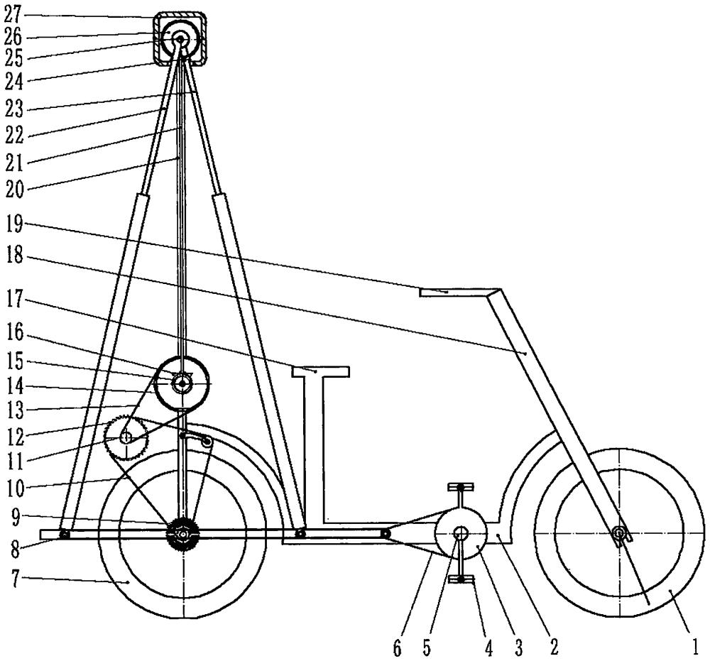 绳索牵引动滑轮使吊杆往复摆动驱动行走装置的自行车的制作方法