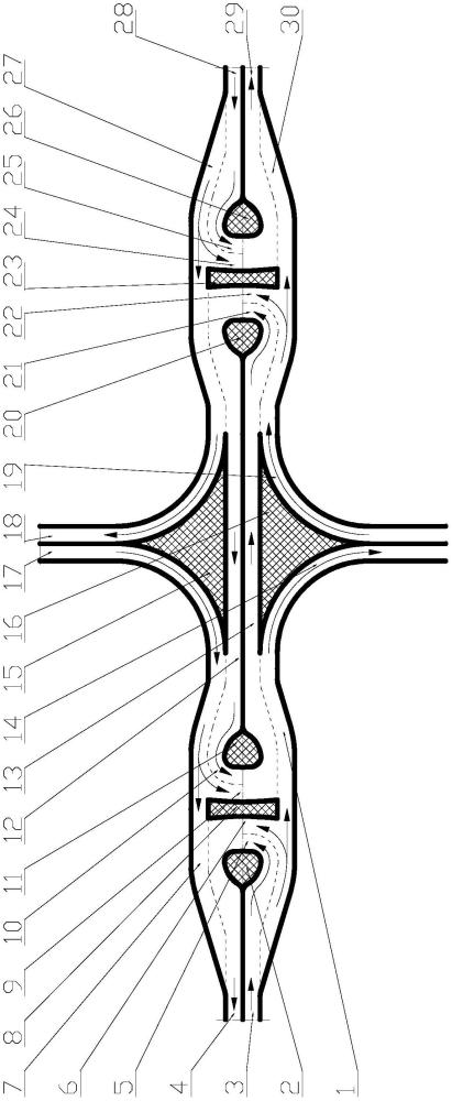 一种无立交无信号灯的双向二车道与双向多车道交叉路口的制作方法