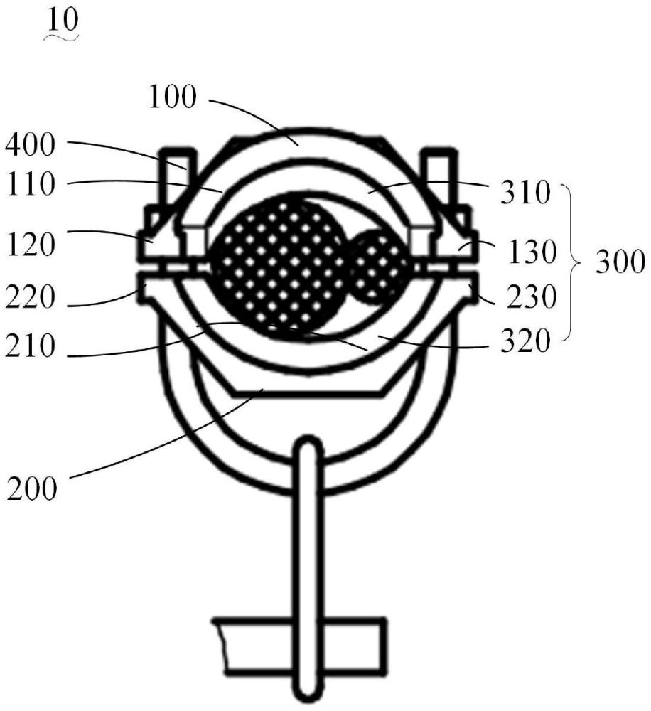 電纜夾、電纜夾組件和潛水?dāng)嚢杵鞯闹谱鞣椒? /><br/><p>本申請(qǐng)屬于機(jī)械設(shè)備，具體涉及電纜夾、電纜夾組件和潛水?dāng)嚢杵鳌?/p><p><br/><b>背景技術(shù)：</b><br/></p><p>1、在大型電驅(qū)動(dòng)設(shè)備中，通過(guò)電纜為設(shè)備供電。而設(shè)備在運(yùn)行過(guò)程中，如果未對(duì)電纜進(jìn)行保護(hù)固定，則電纜可能會(huì)被卷入設(shè)備中，從而導(dǎo)致安全事故。例如在潛水?dāng)嚢杵髦校?dāng)潛水?dāng)嚢杵飨聺撝了袝r(shí)，如果未對(duì)潛水?dāng)嚢杵髦械碾娎|保護(hù)固定，則可能使得電纜被吸入至葉輪中，從而導(dǎo)致安全故障。另外，在電纜保護(hù)固定時(shí)，還需要對(duì)夾持處的電纜以及彎折處的電纜進(jìn)行保護(hù)，以此降低電纜的損壞。</p><br/><p><b>技術(shù)實(shí)現(xiàn)思路</b></p><p>1、本申請(qǐng)的一個(gè)發(fā)明目的在于，提供一種電纜夾，其能夠?qū)﹄娎|進(jìn)行固定，同時(shí)還能夠?qū)A持處的電纜以及彎折處的電纜進(jìn)行保護(hù)。</p><p>2、本申請(qǐng)的另一個(gè)發(fā)明目的在于，提供一種電纜夾組件，其能夠?qū)Χ鄺l電纜或不同型號(hào)的電纜固定和保護(hù)。</p><p>3、本申請(qǐng)的在一個(gè)發(fā)明目的在于，提供一種潛水?dāng)嚢杵?，其包括所述的電纜夾。</p><p>4、根據(jù)本申請(qǐng)的實(shí)施例，第一方面提供了一種電纜夾，包括：</p><p>5、第一夾持體，所述第一夾持體包括第一夾持凹槽；</p><p>6、第二夾持體，所述第二夾持體與所述第一夾持體相對(duì)設(shè)置，所述第二夾持體包括第二夾持凹槽且與所述第一夾持凹槽相對(duì)，所述第一夾持凹槽和所述第二夾持凹槽共同形成的夾持空間能夠夾持固定電纜；</p><p>7、夾片組件，包括第一夾片和第二夾片，所述第一夾片設(shè)置于所述第一夾持凹槽，所述第二夾片設(shè)置于所述第二夾持凹槽，所述第一夾片長(zhǎng)度大于所述第二夾片且超出所述第一夾持體，所述電纜位于所述第一夾片和所述第二夾片之間，所述電纜的彎折處能夠被超出所述第一夾持體的所述第一夾片遮擋；</p><p>8、緊固組件，設(shè)置于所述第一夾持體和所述第二夾持體之間，所述緊固組件連接所述第一夾持體和所述第二夾持體。</p><p>9、在一實(shí)施例中，所述第一夾片為弧形且所述第一夾片的凹向面朝向所述第一夾持體，所述第一夾片朝向所述電纜的一側(cè)的橫截面為半圓形，所述第二夾片朝向所述電纜一側(cè)的橫截面也為半圓形；和/或，所述第一夾片的材質(zhì)和所述第二夾片的材質(zhì)均為彈性材質(zhì)。</p><p>10、在一實(shí)施例中，所述第一夾片的長(zhǎng)度為90mm-150mm。</p><p>11、在一實(shí)施例中，所述第一夾片朝向所述電纜的一側(cè)橫截面的半圓形尺寸與所述第二夾片朝向所述電纜的一側(cè)橫截面的半圓形尺寸相同，且半徑范圍均為5mm-20mm。</p><p>12、在一實(shí)施例中，所述第一夾持體的一端設(shè)置有第一連接部，所述第一夾持體的另一端設(shè)置有第二連接部；所述第二夾持體的一端設(shè)置有第三連接部，所述第三連接部與所述第一連接部相對(duì)，所述第二夾持體的另一端設(shè)置有第四連接部，所述第四連接部與所述第二連接部相對(duì)；</p><p>13、所述緊固組件包括第一緊固件和第二緊固件，所述第一緊固件連接所述第一連接部和所述第三連接部，所述第二緊固件連接所述第二連接部和所述第四連接部。</p><p>14、在一實(shí)施例中，所述緊固組件還包括第三緊固件，所述第三緊固件固定所述第一夾持體于環(huán)境物體。</p><p>15、在一實(shí)施例中，所述第一緊固件、所述第二緊固件和所述第三緊固件均為螺栓。</p><p>16、在一實(shí)施例中，所述第二夾持體背向所述電纜的一側(cè)設(shè)置有連接環(huán)，所述連接環(huán)中設(shè)置有鉤鎖，所述鉤鎖用于將所述電纜固定在環(huán)境物體。</p><p>17、根據(jù)本申請(qǐng)的實(shí)施例，第二方面提供了一種電纜夾組件，其包括所述的電纜夾，所述電纜夾組件包括至少兩個(gè)所述電纜夾，每個(gè)所述電纜夾的所述第二夾持體背向所述電纜的一側(cè)設(shè)置有連接環(huán)，所述電纜夾組件還包括鉤鎖，所述鉤鎖與每個(gè)所述電纜夾的所述連接環(huán)連接，并將所有電纜夾固定在環(huán)境物體。</p><p>18、根據(jù)本申請(qǐng)的實(shí)施例，第三方面提供了一種潛水?dāng)嚢杵?，所述潛水?dāng)嚢杵靼娎|，還包括所述的電纜夾，所述電纜夾用于固定所述潛水?dāng)嚢杵鞯乃鲭娎|在環(huán)境物體中。</p><p>19、本申請(qǐng)的電纜夾，第一夾持體中包括第一夾持凹槽，第二夾持體中包括第二夾持凹槽，電纜能夠被固定于第一夾持凹槽和第二夾持凹槽形成的夾持空間內(nèi)，通過(guò)緊固組件連接第一夾持體和第二夾持體，從而對(duì)電纜夾持保護(hù)。其中，第一夾持凹槽中設(shè)置的第一夾片和第二夾持凹槽中設(shè)置的第二夾片能夠?qū)﹄娎|進(jìn)行保護(hù)，以降低電纜在夾持過(guò)程中的損壞；另外，由于第一夾片的長(zhǎng)度超出第一夾持體，因此當(dāng)電纜出現(xiàn)彎折時(shí)，超出第一夾持體的夾片能夠?qū)澱厶幍碾娎|進(jìn)行遮擋，從而保護(hù)彎折處的電纜。當(dāng)電纜被電纜夾保護(hù)固定后，可以將電纜夾安裝在環(huán)境物體，從而降低電纜被卷入設(shè)備的風(fēng)險(xiǎn)。</p><br/><br><b>技術(shù)特征：</b><br/><p>1.一種電纜夾，其特征在于，包括：</p><p>2.根據(jù)權(quán)利要求1所述的電纜夾，其特征在于：所述第一夾片(310)為弧形且所述第一夾片(310)的凹向面朝向所述第一夾持體(100)，所述第一夾片(310)朝向所述電纜的一側(cè)的橫截面為半圓形，所述第二夾片(320)朝向所述電纜一側(cè)的橫截面也為半圓形；和/或，所述第一夾片(310)的材質(zhì)和所述第二夾片(320)的材質(zhì)均為彈性材質(zhì)。</p><p>3.根據(jù)權(quán)利要求2所述的電纜夾，其特征在于：所述第一夾片(310)的長(zhǎng)度為90mm-150mm。</p><p>4.根據(jù)權(quán)利要求2所述的電纜夾，其特征在于：所述第一夾片(310)朝向所述電纜的一側(cè)橫截面的半圓形尺寸與所述第二夾片(320)朝向所述電纜的一側(cè)橫截面的半圓形尺寸相同，且半徑范圍均為5mm-20mm。</p><p>5.根據(jù)權(quán)利要求1所述的電纜夾，其特征在于：所述第一夾持體(100)的一端設(shè)置有第一連接部(120)，所述第一夾持體(100)的另一端設(shè)置有第二連接部(130)；所述第二夾持體(200)的一端設(shè)置有第三連接部(220)，所述第三連接部(220)與所述第一連接部(120)相對(duì)，所述第二夾持體(200)的另一端設(shè)置有第四連接部(230)，所述第四連接部(230)與所述第二連接部(130)相對(duì)；</p><p>6.根據(jù)權(quán)利要求5所述的電纜夾，其特征在于：所述緊固組件(400)還包括第三緊固件(430)，所述第三緊固件(430)固定所述第一夾持體(100)于環(huán)境物體。</p><p>7.根據(jù)權(quán)利要求6所述的電纜夾，其特征在于：所述第一緊固件(410)、所述第二緊固件(420)、所述第三緊固件(430)均為螺栓。</p><p>8.根據(jù)權(quán)利要求1-7中任意一項(xiàng)所述的電纜夾，其特征在于：所述第二夾持體(200)背向所述電纜的一側(cè)設(shè)置有連接環(huán)(240)，所述連接環(huán)(240)中設(shè)置有鉤鎖(500)，所述鉤鎖(500)用于將所述電纜固定在環(huán)境物體。</p><p>9.一種電纜夾組件，其包括權(quán)利要求1～7中任意一項(xiàng)所述的電纜夾，其特征在于，所述電纜夾組件包括至少兩個(gè)所述電纜夾(10)，每個(gè)所述電纜夾(10)的所述第二夾持體(200)背向所述電纜的一側(cè)設(shè)置有連接環(huán)(240)，所述電纜夾組件還包括鉤鎖(500)，所述鉤鎖(500)與每個(gè)所述電纜夾(10)的所述連接環(huán)(240)連接，并將所有電纜夾(10)固定在環(huán)境物體。</p><p>10.一種潛水?dāng)嚢杵鳎鰸撍當(dāng)嚢杵靼娎|，其特征在于，還包括權(quán)利要求1～8中任意一項(xiàng)所述的電纜夾，所述電纜夾(10)用于固定所述潛水?dāng)嚢杵鞯乃鲭娎|在環(huán)境物體中。</p><br/><b>技術(shù)總結(jié)</b><br>本申請(qǐng)屬于機(jī)械設(shè)備技術(shù)領(lǐng)域，具體涉及電纜夾、電纜夾組件和潛水?dāng)嚢杵?。本申?qǐng)中電纜夾包括：第一夾持體、第二夾持體、夾片組件以及緊固組件，其中第一夾持體、第二夾持體以及緊固組件能夠?qū)﹄娎|夾緊固定，夾片組件能夠?qū)A持處的電纜以及彎折處的電纜進(jìn)行保護(hù)。本申請(qǐng)的電纜夾，電纜能夠被固定于第一夾持凹槽和第二夾持凹槽形成的夾持空間內(nèi)，通過(guò)緊固組件連接第一夾持體和第二夾持體，從而對(duì)電纜夾持保護(hù)。其中，第一夾持凹槽中設(shè)置的第一夾片和第二夾持凹槽中設(shè)置的第二夾片能夠?qū)﹄娎|進(jìn)行保護(hù)，以降低電纜在夾持過(guò)程中的損壞；另外，由于第一夾片的長(zhǎng)度超出第一夾持體，超出第一夾持體的夾片能夠?qū)澱厶幍碾娎|進(jìn)行遮擋保護(hù)。<br/><br/><b>技術(shù)研發(fā)人員：</b>常梅霞,鄭丹,范麗存,李馬良<br/><b>受保護(hù)的技術(shù)使用者：</b>威樂（中國(guó)）水泵系統(tǒng)有限公司<br/><b>技術(shù)研發(fā)日：</b>20231228<br/><b>技術(shù)公布日：</b>2025/1/9
                        </div>
                        </div>
                        <div   id=