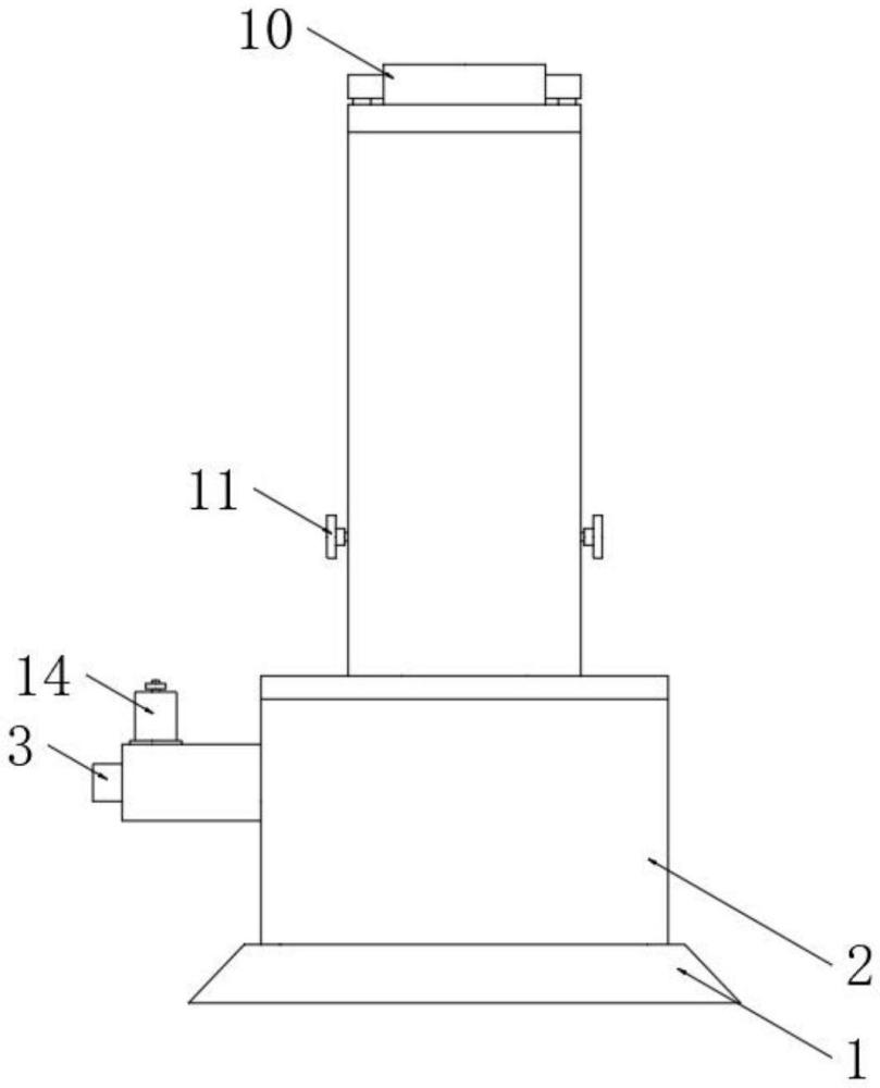 一種具有保護(hù)裝置的千斤頂?shù)闹谱鞣椒? /><br/><p>本技術(shù)涉及千斤頂，具體為一種具有保護(hù)裝置的千斤頂。</p><p><br/><b>背景技術(shù)：</b><br/></p><p>1、螺桿千斤頂是一種常見(jiàn)的千斤頂類(lèi)型，它使用螺桿來(lái)提供舉升力。螺桿千斤頂通常由一個(gè)螺桿和一個(gè)配合的螺母組成。螺桿是一根帶有螺紋的長(zhǎng)桿，而螺母則是一個(gè)帶有內(nèi)螺紋的圓筒，它們之間的螺紋配合使得螺桿可以在螺母的作用下旋轉(zhuǎn)，從而提供舉升或降低的功能。</p><p>2、當(dāng)前市面上現(xiàn)有的螺桿千斤頂在使用時(shí)，如內(nèi)部傳動(dòng)結(jié)構(gòu)發(fā)生故障，有可能導(dǎo)致頂桿快速下落，這樣工人在操作時(shí)，會(huì)被下落的物體砸傷，為此我們提出有一種具有保護(hù)裝置的千斤頂。</p><br/><p><b>技術(shù)實(shí)現(xiàn)思路</b></p><p>1、本實(shí)用新型的目的在于提供一種具有保護(hù)裝置的千斤頂，以解決上述背景技術(shù)中提出的問(wèn)題。</p><p>2、為實(shí)現(xiàn)上述目的，本實(shí)用新型提供如下技術(shù)方案：</p><p>3、一種具有保護(hù)裝置的千斤頂，包括</p><p>4、底座，所述底座的頂端設(shè)置有主架，所述主架的一側(cè)活動(dòng)安裝有傳動(dòng)軸，所述傳動(dòng)軸位于主架的內(nèi)部一端設(shè)置有小傘齒輪，所述主架的內(nèi)部底端通過(guò)軸承活動(dòng)安裝有螺紋套筒，所述螺紋套筒的底端外部固定安裝有大傘齒輪，所述螺紋套筒的內(nèi)部螺紋連接有螺桿，所述螺桿的頂端固定安裝有頂桿；</p><p>5、所述主架的兩側(cè)外壁處對(duì)稱(chēng)設(shè)置有邊槽，兩個(gè)所述邊槽的內(nèi)部均設(shè)置有防護(hù)機(jī)構(gòu)，所述防護(hù)機(jī)構(gòu)包括有活動(dòng)條、螺栓和定位槽，所述頂桿的頂端固定安裝有頂塊，兩個(gè)所述活動(dòng)條的頂端固定連接于頂塊的兩側(cè)外壁處。</p><p>6、優(yōu)選的，兩個(gè)所述邊槽的內(nèi)壁處從上往下等距離開(kāi)設(shè)若干個(gè)定位槽，所述活動(dòng)條的底端螺紋連接螺栓，所述螺栓的端頭螺紋連接若干所述定位槽的其中一個(gè)，所述螺栓的另一端固定安裝有旋鈕；</p><p>7、優(yōu)選的，所述主架的內(nèi)壁兩側(cè)均開(kāi)設(shè)有滑槽，所述頂桿的底端兩側(cè)對(duì)稱(chēng)設(shè)置有滑塊，所述滑塊與滑槽滑動(dòng)連接；</p><p>8、優(yōu)選的，所述主架靠近傳動(dòng)軸的一側(cè)頂端外部固定安裝有固定筒，所述固定筒的內(nèi)部活動(dòng)安裝有提拉桿，所述傳動(dòng)軸靠近固定筒的一側(cè)外部固定安裝有棘輪，所述傳動(dòng)軸的底端固定安裝有棘爪，所述棘爪與棘輪活動(dòng)連接；</p><p>9、優(yōu)選的，所述固定筒的內(nèi)部頂端固定安裝有彈簧，所述彈簧的另一端與提拉桿固定套接；</p><p>10、優(yōu)選的，所述小傘齒輪與大傘齒輪嚙合。</p><p>11、與現(xiàn)有技術(shù)相比，本實(shí)用新型的有益效果是：</p><p>12、1.該一種具有保護(hù)裝置的千斤頂，通過(guò)活動(dòng)條、螺栓、定位槽和頂塊之間配合使用，當(dāng)頂塊頂升至指定的位置后停止，然后分別扭動(dòng)兩個(gè)旋鈕，旋鈕控制螺栓旋轉(zhuǎn)深入，直至螺栓的端頭穿過(guò)活動(dòng)條后螺紋連接在對(duì)應(yīng)高度的定位槽中即可，這樣即可將頂塊固定在當(dāng)前高度，避免因設(shè)備故障導(dǎo)致頂塊快速落下，從而達(dá)到便于防護(hù)的目的。</p><p>13、2.該一種具有保護(hù)裝置的千斤頂，通過(guò)提拉桿、棘輪、棘爪和彈簧之間配合使用，當(dāng)需要控制頂桿下落時(shí)，上提固定筒頂端的提拉桿，提拉桿上提時(shí)壓縮彈簧且將棘爪從棘輪的頂端提起，這樣即可控制傳動(dòng)軸回轉(zhuǎn)，通過(guò)棘爪與彈簧配合使用，可以防止工人誤碰傳動(dòng)軸導(dǎo)致其發(fā)生回轉(zhuǎn)。</p><br/><br><b>技術(shù)特征：</b><br/><p>1.一種具有保護(hù)裝置的千斤頂，其特征在于：包括</p><p>2.根據(jù)權(quán)利要求1所述的一種具有保護(hù)裝置的千斤頂，其特征在于：兩個(gè)所述邊槽(8)的內(nèi)壁處從上往下等距離開(kāi)設(shè)若干個(gè)定位槽(903)，所述活動(dòng)條(901)的底端螺紋連接螺栓(902)，所述螺栓(902)的端頭螺紋連接若干所述定位槽(903)的其中一個(gè)，所述螺栓(902)的另一端固定安裝有旋鈕(11)。</p><p>3.根據(jù)權(quán)利要求1所述的一種具有保護(hù)裝置的千斤頂，其特征在于：所述主架(2)的內(nèi)壁兩側(cè)均開(kāi)設(shè)有滑槽(12)，所述頂桿(7)的底端兩側(cè)對(duì)稱(chēng)設(shè)置有滑塊(13)，所述滑塊(13)與滑槽(12)滑動(dòng)連接。</p><p>4.根據(jù)權(quán)利要求1所述的一種具有保護(hù)裝置的千斤頂，其特征在于：所述主架(2)靠近傳動(dòng)軸(3)的一側(cè)頂端外部固定安裝有固定筒(14)，所述固定筒(14)的內(nèi)部活動(dòng)安裝有提拉桿(15)，所述傳動(dòng)軸(3)靠近固定筒(14)的一側(cè)外部固定安裝有棘輪(16)，所述傳動(dòng)軸(3)的底端固定安裝有棘爪(17)，所述棘爪(17)與棘輪(16)活動(dòng)連接。</p><p>5.根據(jù)權(quán)利要求4所述的一種具有保護(hù)裝置的千斤頂，其特征在于：所述固定筒(14)的內(nèi)部頂端固定安裝有彈簧(18)，所述彈簧(18)的另一端與提拉桿(15)固定套接。</p><p>6.根據(jù)權(quán)利要求1所述的一種具有保護(hù)裝置的千斤頂，其特征在于：所述小傘齒輪(4)與大傘齒輪(19)嚙合。</p><br/><b>技術(shù)總結(jié)</b><br>本技術(shù)涉及千斤頂技術(shù)領(lǐng)域，具體為一種具有保護(hù)裝置的千斤頂，包括底座，所述底座的頂端設(shè)置有主架，所述主架的一側(cè)活動(dòng)安裝有傳動(dòng)軸，所述傳動(dòng)軸位于主架的內(nèi)部一端設(shè)置有小傘齒輪，所述主架的內(nèi)部底端通過(guò)軸承活動(dòng)安裝有螺紋套筒，所述螺紋套筒的底端外部固定安裝有大傘齒輪，所述螺紋套筒的內(nèi)部螺紋連接有螺桿。本技術(shù)通過(guò)活動(dòng)條、螺栓、定位槽和頂塊之間配合使用，當(dāng)頂塊頂升至指定的位置后停止，然后分別扭動(dòng)兩個(gè)旋鈕，旋鈕控制螺栓旋轉(zhuǎn)深入，直至螺栓的端頭穿過(guò)活動(dòng)條后螺紋連接在對(duì)應(yīng)高度的定位槽中即可，這樣即可將頂塊固定在當(dāng)前高度，避免因設(shè)備故障導(dǎo)致頂塊快速落下，從而達(dá)到便于防護(hù)的目的。<br/><br/><b>技術(shù)研發(fā)人員：</b>劉軍,蔣健,萬(wàn)亦清,朱國(guó)偉,萬(wàn)洪亮<br/><b>受保護(hù)的技術(shù)使用者：</b>江蘇眾信達(dá)智能裝備科技有限公司<br/><b>技術(shù)研發(fā)日：</b>20240531<br/><b>技術(shù)公布日：</b>2025/1/9
                        </div>
                        </div>
                        <div   id=