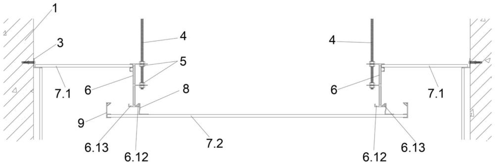 一種公共空間裝配吊頂?shù)闹谱鞣椒? /><br/><p>本技術(shù)具體涉及一種公共空間裝配吊頂，屬于室內(nèi)裝飾裝修施工。</p><p><br/><b>背景技術(shù)：</b><br/></p><p>1、裝配化吊頂作為一種干法施工技術(shù)，響應(yīng)了建筑業(yè)向工業(yè)化、標(biāo)準(zhǔn)化轉(zhuǎn)型的迫切需求，通過工廠預(yù)制部品部件到現(xiàn)場(chǎng)組裝的方式，因其施工速度快，減少了現(xiàn)場(chǎng)濕作業(yè)等特點(diǎn)在公共空間中被廣泛應(yīng)用，實(shí)際應(yīng)用過程中出現(xiàn)一些問題，例如：安裝結(jié)構(gòu)采用的主龍骨、副龍骨調(diào)節(jié)水平誤差，配套件進(jìn)行安裝連接，涉及的配套部件較多，安裝組合工序較復(fù)雜，不利提升安裝速度，同時(shí)增加了安裝的人力和材料成本。</p><p>2、因此，針對(duì)現(xiàn)有技術(shù)中的不足，提出了一種公共空間裝配吊頂。</p><br/><p><b>技術(shù)實(shí)現(xiàn)思路</b></p><p>1、本實(shí)用新型的目的就在于為了解決上述問題而提供一種公共空間裝配吊頂，以解決上述背景技術(shù)中提出的問題。</p><p>2、本實(shí)用新型通過以下技術(shù)方案來實(shí)現(xiàn)上述目的，一種公共空間裝配吊頂，包括：</p><p>3、吊掛組件，包括兩個(gè)相對(duì)設(shè)置的吊掛件、設(shè)置在所述吊掛件下方的吊頂板，兩個(gè)所述吊掛件相對(duì)一側(cè)均設(shè)有平行設(shè)置的上折板和下折板，所述上折板和所述下折板設(shè)有相對(duì)的螺孔，所述吊頂板的頂面設(shè)有兩個(gè)z形掛鉤，兩個(gè)所述吊掛件的下端分別設(shè)有與兩個(gè)所述z形掛鉤配合安裝的左掛鉤和右掛鉤；</p><p>4、安裝組件，包括全牙螺桿和螺帽，所述全牙螺桿上端與原建筑結(jié)構(gòu)頂面連接，所述全牙螺桿下端穿過所述螺孔，所述螺帽用于將所述上折板和所述下折板固定在所述全牙螺桿上。</p><p>5、本實(shí)用新型通過將兩個(gè)相對(duì)設(shè)置的吊掛組件放置在吊頂板的上方，利用吊掛組件上設(shè)有平行的上折板與下折板，將全牙螺桿穿入上折板與下折板上的螺孔進(jìn)行自由滑動(dòng)，以便確定合適的水平高度，實(shí)現(xiàn)了無需主龍骨、副龍骨等其他結(jié)構(gòu)對(duì)公共空間吊頂調(diào)節(jié)的方式，達(dá)到了安裝與調(diào)節(jié)簡(jiǎn)便快捷、縮短了施工周期，降低勞動(dòng)強(qiáng)度的同時(shí)節(jié)省人力和材料成本。</p><p>6、進(jìn)一步地，所述吊掛件背向所述上折板和所述下折板一側(cè)設(shè)有夾槽，所述原建筑結(jié)構(gòu)側(cè)面通過螺絲固定有l(wèi)型龍骨，所述夾槽安裝有頂板，所述頂板的另一端與所述l型龍骨連接。</p><p>7、進(jìn)一步地，所述吊掛件背向所述上折板和所述下折板一側(cè)設(shè)有燈槽，所述燈槽位于所述夾槽的下方，所述燈槽用于安裝led燈。</p><p>8、進(jìn)一步地，所述燈槽的上下兩側(cè)設(shè)有對(duì)稱的滑槽，所述滑槽用于安裝透光條。</p><p>9、進(jìn)一步地，所述吊頂板邊沿設(shè)有收邊條，所述收邊條通過設(shè)置收口槽與所述吊頂板的邊沿連接。</p><p>10、進(jìn)一步地，所述收邊條的上端設(shè)有三角形斜拉，所述三角形斜拉的截側(cè)面設(shè)有對(duì)接孔。</p><p>11、進(jìn)一步地，所述吊掛件主體由兩塊相對(duì)設(shè)置的豎板組成，兩塊所述豎板直接設(shè)有連接筋條，所述豎板和所述連接筋條之間形成若干空腔，所述連接筋條的截側(cè)面設(shè)有對(duì)接孔。</p><p>12、進(jìn)一步地，兩個(gè)所述吊掛件的下端均設(shè)有左掛鉤和右掛鉤，所述左掛鉤和所述右掛鉤分別設(shè)置在所述吊掛件下端的左右兩側(cè)。</p><p>13、進(jìn)一步地，所述螺孔為腰形孔且設(shè)有多個(gè)，多個(gè)所述螺孔斜向布置。</p><br/><br><b>技術(shù)特征：</b><br/><p>1.一種公共空間裝配吊頂，其特征在于，包括：</p><p>2.如權(quán)利要求1所述的公共空間裝配吊頂，其特征在于，所述吊掛件背向所述上折板和所述下折板一側(cè)設(shè)有夾槽，所述原建筑結(jié)構(gòu)側(cè)面通過螺絲固定有l(wèi)型龍骨，所述夾槽安裝有頂板，所述頂板的另一端與所述l型龍骨連接。</p><p>3.如權(quán)利要求2所述的公共空間裝配吊頂，其特征在于，所述吊掛件背向所述上折板和所述下折板一側(cè)設(shè)有燈槽，所述燈槽位于所述夾槽的下方，所述燈槽用于安裝led燈。</p><p>4.如權(quán)利要求3所述的公共空間裝配吊頂，其特征在于，所述燈槽的上下兩側(cè)設(shè)有對(duì)稱的滑槽，所述滑槽用于安裝透光條。</p><p>5.如權(quán)利要求1所述的公共空間裝配吊頂，其特征在于，所述吊頂板邊沿設(shè)有收邊條，所述收邊條通過設(shè)置收口槽與所述吊頂板的邊沿連接。</p><p>6.如權(quán)利要求5所述的公共空間裝配吊頂，其特征在于，所述收邊條的上端設(shè)有三角形斜拉，所述三角形斜拉的截側(cè)面設(shè)有對(duì)接孔。</p><p>7.如權(quán)利要求1所述的公共空間裝配吊頂，其特征在于，所述吊掛件主體由兩塊相對(duì)設(shè)置的豎板組成，兩塊所述豎板直接設(shè)有連接筋條，所述豎板和所述連接筋條之間形成若干空腔，所述連接筋條的截側(cè)面設(shè)有對(duì)接孔。</p><p>8.如權(quán)利要求1所述的公共空間裝配吊頂，其特征在于，兩個(gè)所述吊掛件的下端均設(shè)有左掛鉤和右掛鉤，所述左掛鉤和所述右掛鉤分別設(shè)置在所述吊掛件下端的左右兩側(cè)。</p><p>9.如權(quán)利要求1所述的公共空間裝配吊頂，其特征在于，所述螺孔為腰形孔且設(shè)有多個(gè)，多個(gè)所述螺孔斜向布置。</p><br/><b>技術(shù)總結(jié)</b><br>本技術(shù)為一種公共空間裝配吊頂，包括吊掛組件，包括兩個(gè)相對(duì)設(shè)置的吊掛件、設(shè)置在吊掛件下方的吊頂板，兩個(gè)吊掛件相對(duì)一側(cè)均設(shè)有平行設(shè)置的上折板和下折板，上下折板設(shè)有相對(duì)的螺孔，吊頂板的頂面設(shè)有兩個(gè)Z形掛鉤，兩個(gè)吊掛件的下端分別設(shè)有與Z形掛鉤配合安裝的左掛鉤和右掛鉤，安裝組件包括全牙螺桿和螺母，全牙螺桿上端與原建筑結(jié)構(gòu)頂面連接，全牙螺桿下端穿過螺孔，螺母用于將上下折板固定在全牙螺桿上。本技術(shù)利用吊掛組件上設(shè)有平行的上折板與下折板，將全牙螺桿穿入上下折板上的螺孔自由滑動(dòng)，以便確定合適的水平高度，實(shí)現(xiàn)了無需主龍骨、副龍骨等結(jié)構(gòu)對(duì)吊頂調(diào)節(jié)的方式，達(dá)到了簡(jiǎn)便快捷，降低勞動(dòng)強(qiáng)度的同時(shí)節(jié)省人力和材料成本。<br/><br/><b>技術(shù)研發(fā)人員：</b>王艷,王露華,李凌,黃耀堂,鐘連群,郭青燕<br/><b>受保護(hù)的技術(shù)使用者：</b>深圳華筑科技建設(shè)集團(tuán)有限公司<br/><b>技術(shù)研發(fā)日：</b>20240516<br/><b>技術(shù)公布日：</b>2025/1/2
                        </div>
                        </div>
                        <div   id=