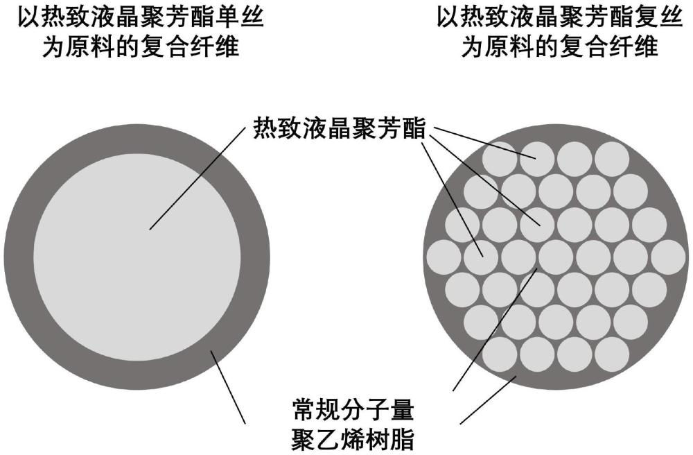 一種熔融紡聚乙烯熔體包覆熱致液晶聚芳酯纖維的復(fù)合絲制備及其應(yīng)用