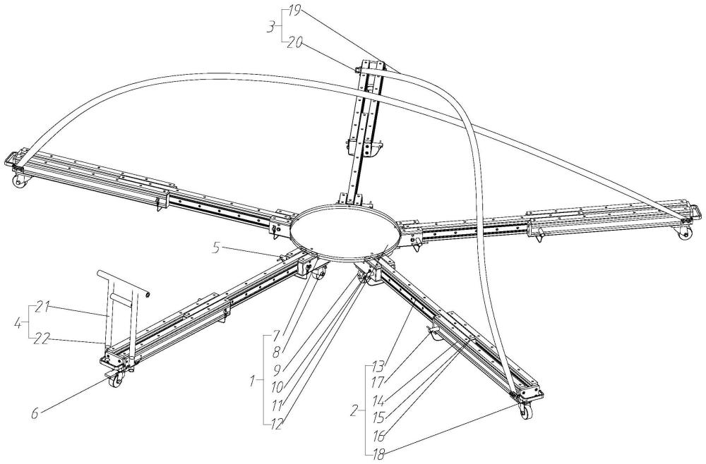 一種用于飛機進氣道運輸?shù)耐屑艿闹谱鞣椒? /><br/><p>本技術(shù)涉及的是一種托架，具體涉及一種用于飛機進氣道運輸?shù)耐屑堋?/p><p><br/><b>背景技術(shù)：</b><br/></p><p>1、進氣道在運輸和維修過程中需要專用托架，現(xiàn)有托架一般采用固定連接，占地面積大，由于不同型號進氣道尺寸相差較大，托架無法滿足其他型號進氣道使用。</p><p>2、綜上所述，本實用新型設(shè)計了一種用于飛機進氣道運輸?shù)耐屑堋?/p><br/><p><b>技術(shù)實現(xiàn)思路</b></p><p>1、針對現(xiàn)有技術(shù)上存在的不足，本實用新型目的是在于提供一種用于飛機進氣道運輸?shù)耐屑?，采用折疊伸縮結(jié)構(gòu)，通過調(diào)整伸縮支撐腿組件，可以滿足不同型號進氣道的使用，且折疊后的尺寸遠小于展開尺寸，便于存放。</p><p>2、為了實現(xiàn)上述目的，本實用新型是通過如下的技術(shù)方案來實現(xiàn)：一種用于飛機進氣道運輸?shù)耐屑?，包括圓形底板組件、伸縮支撐腿組件、綁帶組件、手扶拖把、第一插銷和方形銷，伸縮支撐腿組件通過第一插銷連接在圓形底板組件上，手扶拖把通過方形銷連接在伸縮支撐腿組件上，綁帶組件存放在工具箱內(nèi)。</p><p>3、所述的圓形底板組件包括焊接件、定向腳輪、萬向腳輪、銷軸、軸用擋圈和減震橡膠板，焊接件使用q35鋼板和矩形管焊接組成，第一插銷處的安裝座用于安裝伸縮支撐腿組件上的固定桿，固定桿通過銷軸和軸用擋圈連接在安裝座的孔內(nèi)，定向腳輪、萬向腳輪通過螺釘、彈簧墊圈安裝在焊接件的下方，減震橡膠板通過螺釘安裝在焊接件上方。</p><p>4、作為優(yōu)選，所述的伸縮支撐腿組件包括固定桿、抽拉桿、槽條連接件、緊定螺釘、第二插銷和拉手，固定桿和抽拉桿由4080w鋁型材加工組裝而成，槽條連接件通過緊定螺釘安裝在固定桿和抽拉桿鋁型材的縫隙中，第二插銷通過任一連接孔將固定桿、抽拉桿固定，抽拉桿外端設(shè)置有拉手。</p><p>5、作為優(yōu)選，所述的綁帶組件由綁帶和掛鉤組成，掛鉤縫制在綁帶上。</p><p>6、作為優(yōu)選，所述的手扶拖把由焊接桿和海綿管組成，焊接桿由6061鋁桿焊接而成，焊接桿表面包裹發(fā)泡海綿管。</p><p>7、本實用新型的有益效果：本實用新型的結(jié)構(gòu)設(shè)計合理，采用折疊伸縮結(jié)構(gòu)，通過調(diào)整伸縮支撐腿組件，可以滿足不同型號進氣道的使用，且折疊后的尺寸遠小于展開尺寸，便于存放。進氣道托架根據(jù)不同型號的進氣道尺寸設(shè)計制作，通過插銷控制抽拉桿的位置改變支撐腿組件的長短，滿足不同型號進氣道的使用，操作方式簡單，大大提高了設(shè)備利用率。</p><br/><br><b>技術(shù)特征：</b><br/><p>1.一種用于飛機進氣道運輸?shù)耐屑?，其特征在于，包括圓形底板組件(1)、伸縮支撐腿組件(2)、綁帶組件(3)、手扶拖把(4)、第一插銷(5)和方形銷(6)，伸縮支撐腿組件(2)通過第一插銷(5)連接在圓形底板組件(1)上，手扶拖把(4)通過方形銷(6)連接在伸縮支撐腿組件(2)上，綁帶組件(3)存放在工具箱內(nèi)。</p><p>2.根據(jù)權(quán)利要求1所述的一種用于飛機進氣道運輸?shù)耐屑?，其特征在于，所述的圓形底板組件(1)包括焊接件(7)、定向腳輪(8)、萬向腳輪(9)、銷軸(10)、軸用擋圈(11)和減震橡膠板(12)，焊接件(7)使用q235鋼板和矩形管焊接組成，第一插銷(5)處的安裝座用于安裝伸縮支撐腿組件(2)上的固定桿(13)，固定桿(13)通過銷軸(10)和軸用擋圈(11)連接在安裝座的孔內(nèi)，定向腳輪(8)、萬向腳輪(9)通過螺釘、彈簧墊圈安裝在焊接件(7)的下方，減震橡膠板(12)通過螺釘安裝在焊接件(7)上方。</p><p>3.根據(jù)權(quán)利要求1所述的一種用于飛機進氣道運輸?shù)耐屑?，其特征在于，所述的伸縮支撐腿組件(2)包括固定桿(13)、抽拉桿(14)、槽條連接件(15)、緊定螺釘(16)、第二插銷(17)和拉手(18)，固定桿(13)和抽拉桿(14)由4080w鋁型材加工組裝而成，槽條連接件(15)通過緊定螺釘(16)安裝在固定桿(13)和抽拉桿(14)鋁型材的縫隙中，第二插銷(17)通過任一連接孔將固定桿(13)、抽拉桿(14)固定，抽拉桿(14)外端設(shè)置有拉手(18)。</p><p>4.根據(jù)權(quán)利要求1所述的一種用于飛機進氣道運輸?shù)耐屑?，其特征在于，所述的綁帶組件(3)由綁帶(19)和掛鉤(20)組成，掛鉤(20)縫制在綁帶(19)上。</p><p>5.根據(jù)權(quán)利要求1所述的一種用于飛機進氣道運輸?shù)耐屑?，其特征在于，所述的手扶拖?4)由焊接桿(21)和海綿管(22)組成，焊接桿(21)由6061鋁桿焊接而成，焊接桿(21)表面包裹發(fā)泡海綿管(22)。</p><br/><b>技術(shù)總結(jié)</b><br>本技術(shù)公開了一種用于飛機進氣道運輸?shù)耐屑?，它涉及一種托架。包括圓形底板組件、伸縮支撐腿組件、綁帶組件、手扶拖把、第一插銷和方形銷，伸縮支撐腿組件通過第一插銷連接在圓形底板組件上，手扶拖把通過方形銷連接在伸縮支撐腿組件上，綁帶組件存放在工具箱內(nèi)。本技術(shù)采用折疊伸縮結(jié)構(gòu)，通過調(diào)整伸縮支撐腿組件，可以滿足不同型號進氣道的使用，且折疊后的尺寸遠小于展開尺寸，便于存放。<br/><br/><b>技術(shù)研發(fā)人員：</b>周銳,張勇軍<br/><b>受保護的技術(shù)使用者：</b>上海威克特航空地面設(shè)備有限公司<br/><b>技術(shù)研發(fā)日：</b>20240306<br/><b>技術(shù)公布日：</b>2025/1/6
                        </div>
                        </div>
                        <div   id=