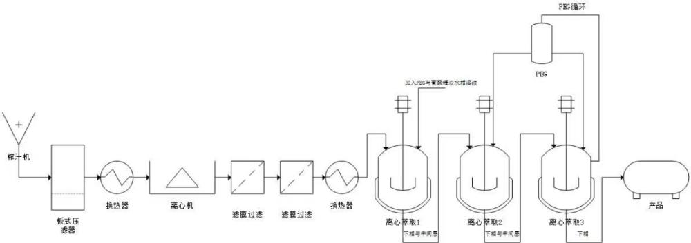 一種用于規(guī)?；苽渲参锿饽遗莸姆椒? /><br/><p>本發(fā)明屬于細(xì)胞外囊泡制備，具體涉及一種規(guī)?；苽渲参锿饽遗莸姆椒?。</p><p><br/><b>背景技術(shù)：</b><br/></p><p>1、外囊泡（extracellular?vesicles）是由細(xì)胞分泌的、由脂質(zhì)雙層包裹的，一種異質(zhì)性的膜結(jié)構(gòu)群，包括外泌體(exosomes)和微囊泡(microvesicles)，它們分別起源于內(nèi)體系統(tǒng)或從質(zhì)膜脫落。外囊泡的膜結(jié)構(gòu)與細(xì)胞膜相似，由脂質(zhì)雙層包裹，內(nèi)部含有各種生物分子，包括蛋白質(zhì)、脂質(zhì)、rna（如mrna和mirna）和dna片段。</p><p>2、外囊泡在細(xì)胞間通信中發(fā)揮重要作用，能夠通過與靶細(xì)胞的直接融合或被靶細(xì)胞攝取，將其內(nèi)容物傳遞至其他細(xì)胞，從而影響靶細(xì)胞的功能。它們?cè)诿庖叻磻?yīng)、腫瘤微環(huán)境調(diào)節(jié)、神經(jīng)退行性疾病、心血管疾病以及再生醫(yī)學(xué)等領(lǐng)域都顯示出了重要的生物學(xué)功能和潛在的臨床應(yīng)用價(jià)值。近年來，外囊泡作為潛在的生物標(biāo)志物和藥物載體的研究備受關(guān)注。由于其能夠攜帶并保護(hù)內(nèi)容物不受降解，以及在血液、尿液等體液中穩(wěn)定存在，外囊泡被認(rèn)為在疾病診斷、預(yù)后評(píng)估和個(gè)性化治療中具有廣泛的應(yīng)用前景。</p><p>3、植物外囊泡（plant?extracellular?vesicles）是由植物細(xì)胞分泌的一類微小膜泡狀結(jié)構(gòu)，直徑通常在30-150納米之間。它們具有雙層脂質(zhì)膜結(jié)構(gòu)，攜帶多種生物活性分子，包括蛋白質(zhì)、脂類、rna分子以及次生代謝物。在細(xì)胞間通信、免疫調(diào)節(jié)、抗病蟲害等方面發(fā)揮著重要作用。此外，由于其天然來源和生物相容性，植物外囊泡還顯示出潛在的藥用價(jià)值，在藥物傳遞系統(tǒng)和癌癥治療等領(lǐng)域引起了廣泛關(guān)注。</p><p>4、目前提取外囊泡的技術(shù)有很多，最常用的超速離心法，這種方法的主要缺點(diǎn)是該方法雖然操作過程簡(jiǎn)單，但容易在提取過程匯總存在核糖蛋白和聚集蛋白污染，分離得到的外泌體純度低，總蛋白濃度低，產(chǎn)率低，不能夠滿足規(guī)?；a(chǎn)的需求，純度達(dá)不到臨床要求。</p><p>5、試劑盒法，該方法不方便從大體積中分離ev，樣品可能會(huì)引入未知的污染物。</p><p>6、蔗糖密度梯度離心法，雖然該方法在ev的純度以及ev蛋白和rna的含量方面取得了更好的結(jié)果，但該方法會(huì)導(dǎo)致相當(dāng)大的ev損失，且操作復(fù)雜、費(fèi)力、耗時(shí)，需要昂貴的設(shè)備。因此不適用于臨床。</p><p>7、以上幾種方法都不能解決大規(guī)模提取純化的要求，限制了外囊泡產(chǎn)業(yè)化的應(yīng)用范圍。</p><br/><p><b>技術(shù)實(shí)現(xiàn)思路</b></p><p>1、針對(duì)上述問題，本發(fā)明旨在提供一種規(guī)?；苽渲参锿饽遗莸姆椒ǎ瑸榇笠?guī)模制備植物外囊泡提供一種新的途徑。</p><p>2、為實(shí)現(xiàn)上述目的，如圖1所示，本發(fā)明采用的植物外囊泡規(guī)?；崛》椒òㄒ韵虏襟E：</p><p>3、（1）、植物洗凈榨汁后進(jìn)行過濾，將濾液于4℃條件下1000-2000g離心10-30分鐘，收集上清液；將所述上清液于4℃條件下3000-6000g離心20-40分鐘，收集得到上清液；將所述上清液于4℃條件下8000-10000g離心40-60分鐘，收集得到上清液，完成梯度低速離心的操作。</p><p>4、（2）、將步驟（1）收集的濾液通過孔徑0.22-0.45um的濾膜進(jìn)行過濾，收集濾液。</p><p>5、（3）、將步驟（2）收集的濾液和雙水相溶液充分混合后進(jìn)行離心分離，棄上相，收集下相；下相重復(fù)該步驟1～2次，進(jìn)一步濃縮外囊泡溶液。</p><p>6、進(jìn)一步的，所述雙水相溶液是將聚乙二醇和葡聚糖溶解在蒸餾水或者pbs緩沖液中配制而成。</p><p>7、進(jìn)一步的，所述雙水相溶液中聚乙二醇的濃度為20～80g/l、葡聚糖的濃度為14～60g/l。</p><p>8、進(jìn)一步的，所述濾液和雙水相溶液體積比優(yōu)選為1:0.3～3。</p><p>9、所述聚乙二醇的分子量5kda～35kda，葡聚糖的分子量70kda～650kda。</p><p>10、所述離心分離的離心力是1000～3000g，離心時(shí)間是10～40分鐘。</p><p>11、本發(fā)明將植物濾液與聚乙二醇和葡聚糖組成的雙水相溶液混合后離心分離，通過濃縮和初步純化，外囊泡被濃縮至葡聚糖相，除去上相。此過程重復(fù)1-2次后，外囊泡濃度相對(duì)于初始濾液達(dá)到6-15倍的濃縮效果。</p><p>12、本發(fā)明操作簡(jiǎn)單，避免了超速離心對(duì)提取規(guī)模的限制，適合工業(yè)化提取和濃縮。整個(gè)實(shí)驗(yàn)過程未引入強(qiáng)變性化學(xué)試劑和劇烈反應(yīng)，對(duì)外囊泡損傷較小，且不需要超速離心機(jī)或免疫磁珠，適合工業(yè)化生產(chǎn)，可處理多種來源的植物外囊泡。</p><p>13、附圖</p><p>14、圖1為大規(guī)模制備植物細(xì)胞外囊泡工藝流程示意圖。</p><p>15、圖2為實(shí)施例1中得到的生姜細(xì)胞外囊泡的納米顆粒跟蹤分析檢測(cè)結(jié)果。</p><p>16、圖3為實(shí)施例1中得到的生姜細(xì)胞外囊泡的tem圖像。</p><p>17、圖4為實(shí)施例1中得到的巴氏消毒后生姜細(xì)胞外囊泡的納米顆粒跟蹤分析檢測(cè)結(jié)果。</p><p>18、圖5為實(shí)施例1中得到的巴氏消毒后生姜細(xì)胞外囊泡的tem圖像。</p><p>19、圖6為實(shí)施例1中生姜細(xì)胞外囊泡與巴氏消毒后生姜細(xì)胞外囊泡的zeta電位。</p><p>20、圖7為實(shí)施例2中得到的姜黃細(xì)胞外囊泡的納米顆粒跟蹤分析檢測(cè)結(jié)果。</p><p>21、圖8為實(shí)施例2中得到的姜黃細(xì)胞外囊泡的tem圖像。</p><p>22、圖9為實(shí)施例2中得到的姜黃細(xì)胞外囊泡的zeta電位。</p><br/><br><b>技術(shù)特征：</b><br/><p>1.一種用于規(guī)?；苽渲参锿饽遗莸姆椒?，其特征在于，包括以下步驟：</p><p>2.如權(quán)利要求1所述制備植物外囊泡的方法，其特征在于，所述雙水相溶液是將聚乙二醇和葡聚糖溶解在蒸餾水或者pbs緩沖液中配制而成。</p><p>3.如權(quán)利要求1或2所述的制備植物外囊泡的方法，其特征在于，所述雙水相溶液中聚乙二醇的濃度為20～80g/l、葡聚糖的濃度為14～60g/l。</p><p>4.如權(quán)利要求1或2所述的制備植物外囊泡的方法，其特征在于，所述濾液和雙水相溶液體積比優(yōu)選為1:0.3～3。</p><p>5.如權(quán)利要求1或2所述的制備植物外囊泡的方法，其特征在于，所述聚乙二醇的分子量5kda～35kda，葡聚糖的分子量70kda～650kda。</p><p>6.如權(quán)利要求1或2所述的制備植物外囊泡的方法，其特征在于，所述離心分離的離心力是1000～3000g，離心時(shí)間是10～40分鐘。</p><p>7.如權(quán)利要求1或2所述的制備植物外囊泡的方法，其特征在于，所述植物外囊泡其粒徑范圍在23-400nm之間，擁有雙層的磷脂層囊泡結(jié)構(gòu)，并且其zeta電勢(shì)介于-15至-40mv之間。</p><br/><b>技術(shù)總結(jié)</b><br>本發(fā)明涉及細(xì)胞外囊泡制備技術(shù)領(lǐng)域，具體公開了一種規(guī)模化制備植物細(xì)胞外囊泡的方法，包括以下步驟：（1）對(duì)植物榨汁濾過的濾液進(jìn)行梯度離心，得到粗提液；（2）用濾膜對(duì)粗提液進(jìn)行過濾，除去濾液中的小顆粒不溶物，收集濾液；（3）將收集的濾液和雙水相溶液充分混合后進(jìn)行離心分離，棄上相，收集下相；進(jìn)一步濃縮即可獲得植物細(xì)胞外囊泡溶液。整個(gè)過程未引入強(qiáng)變性化學(xué)試劑和劇烈反應(yīng)，對(duì)外囊泡損傷較小，且不需要超速離心機(jī)或免疫磁珠，適合工業(yè)化生產(chǎn)，可處理多種來源的外囊泡。<br/><br/><b>技術(shù)研發(fā)人員：</b>井瑩瑩,蘇佳燦,賀嘉昊,周光印<br/><b>受保護(hù)的技術(shù)使用者：</b>上海大學(xué)<br/><b>技術(shù)研發(fā)日：</b><br/><b>技術(shù)公布日：</b>2025/1/6
                        </div>
                        </div>
                        <div   id=